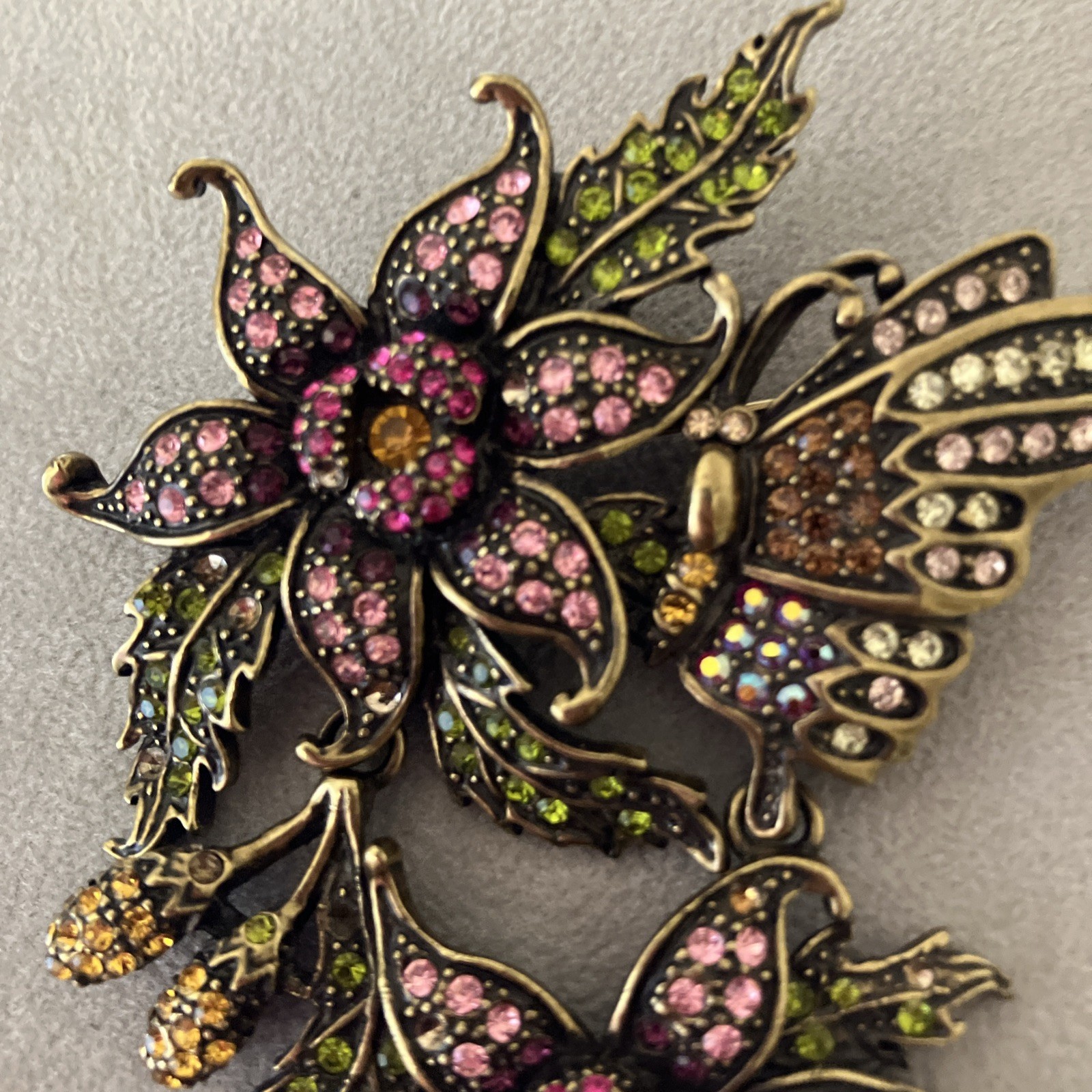 LaVintage Hinged Antiqued Goldtone Metal Flower/ Butterfly Brooch Or Pendant