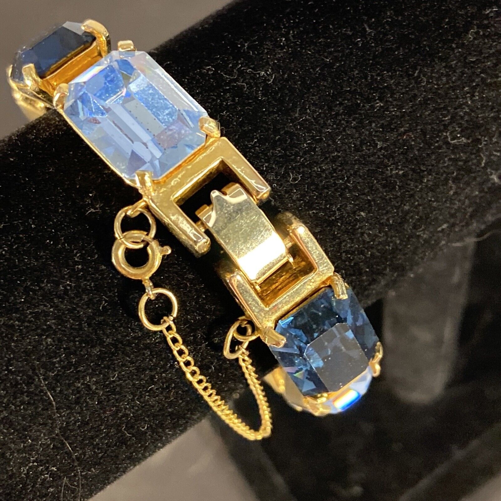 Robert Zentall Bracelet Large Blue Stone GoldTone Fold Over Clasp Safety 1950s