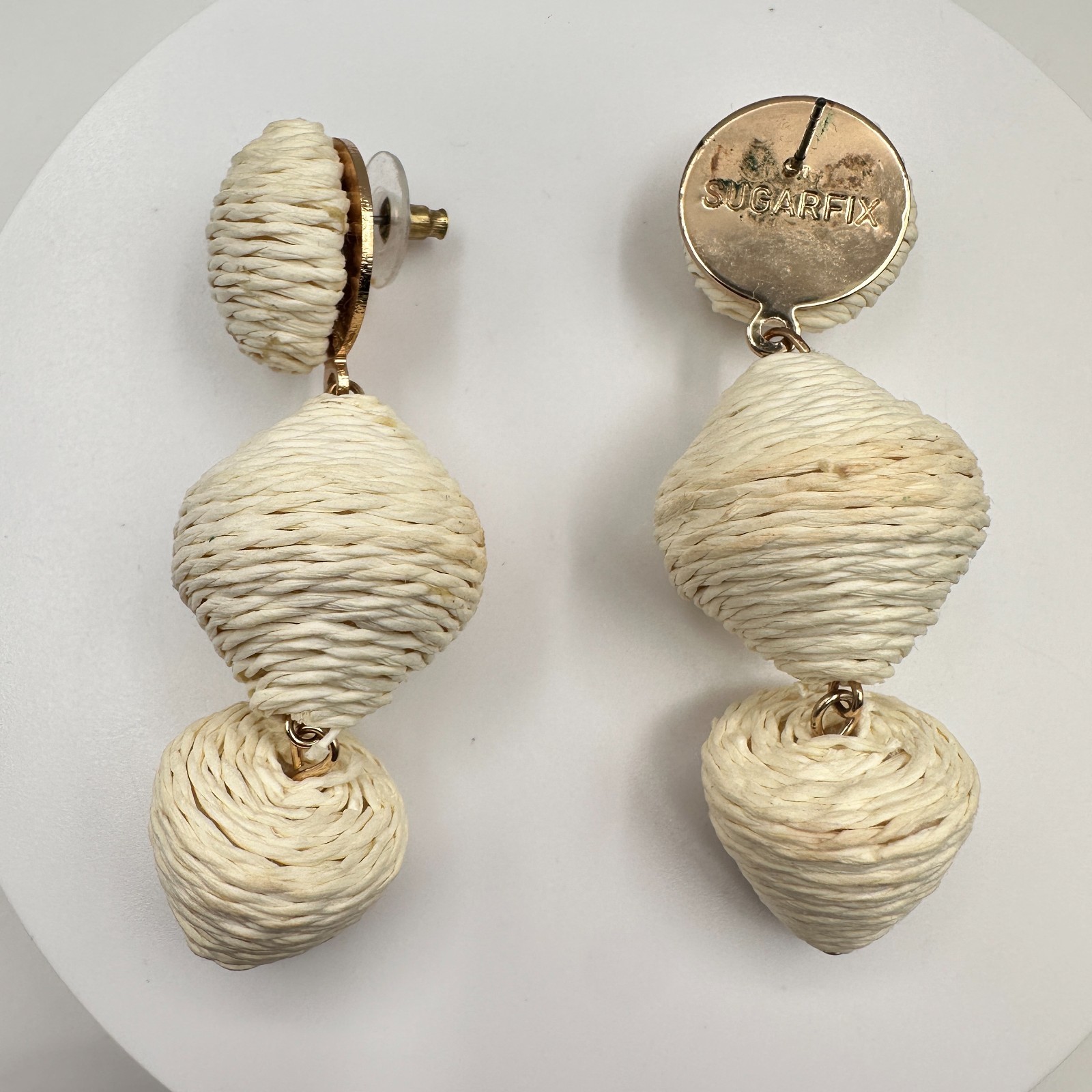 Vintage 90s Sugarfix Cream Raffia Lantern Drop Earrings Boho Geometric Dangle