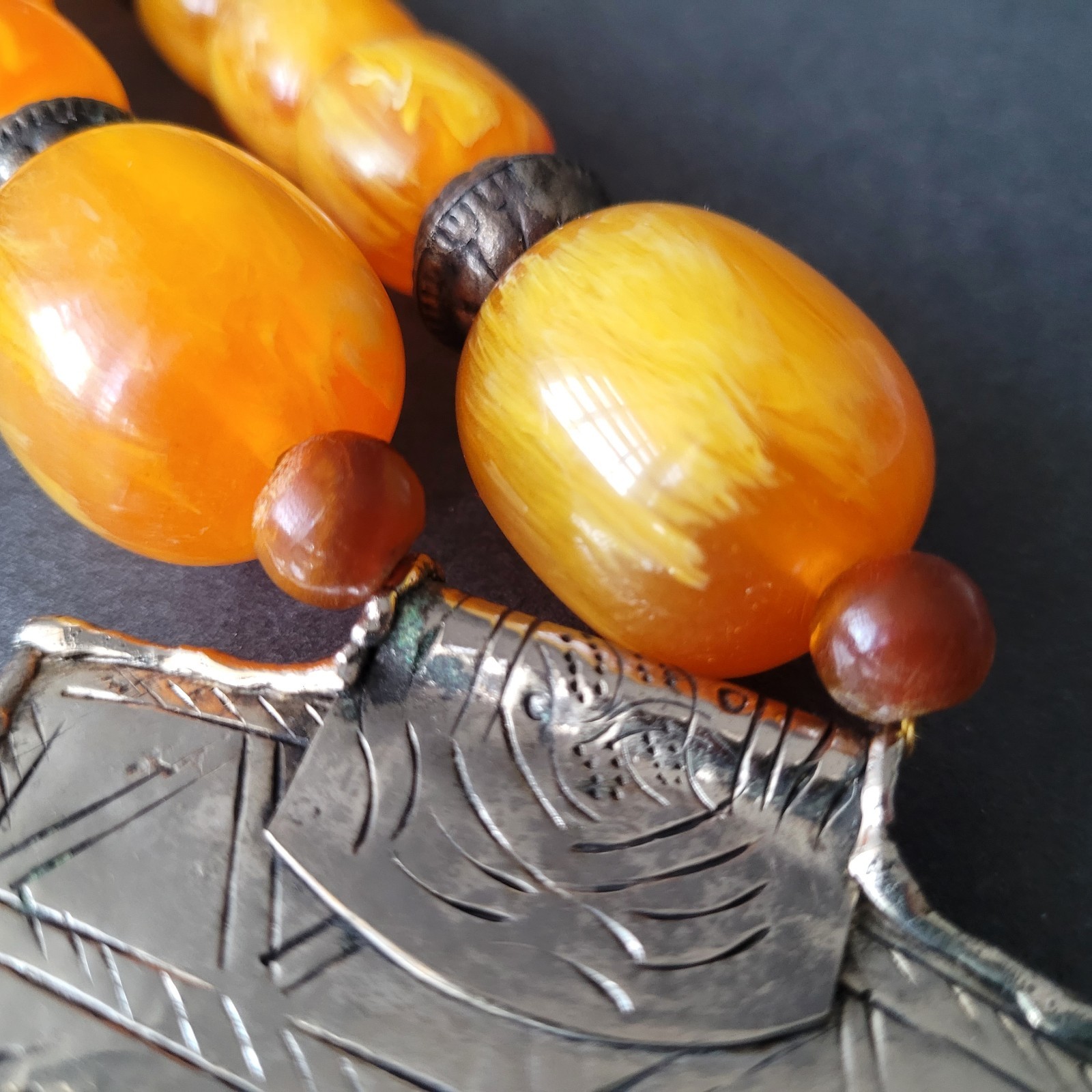 Vtg Pressed Amber Resin ? Prayer Beads Necklace Silverplate Pendant Moroccan