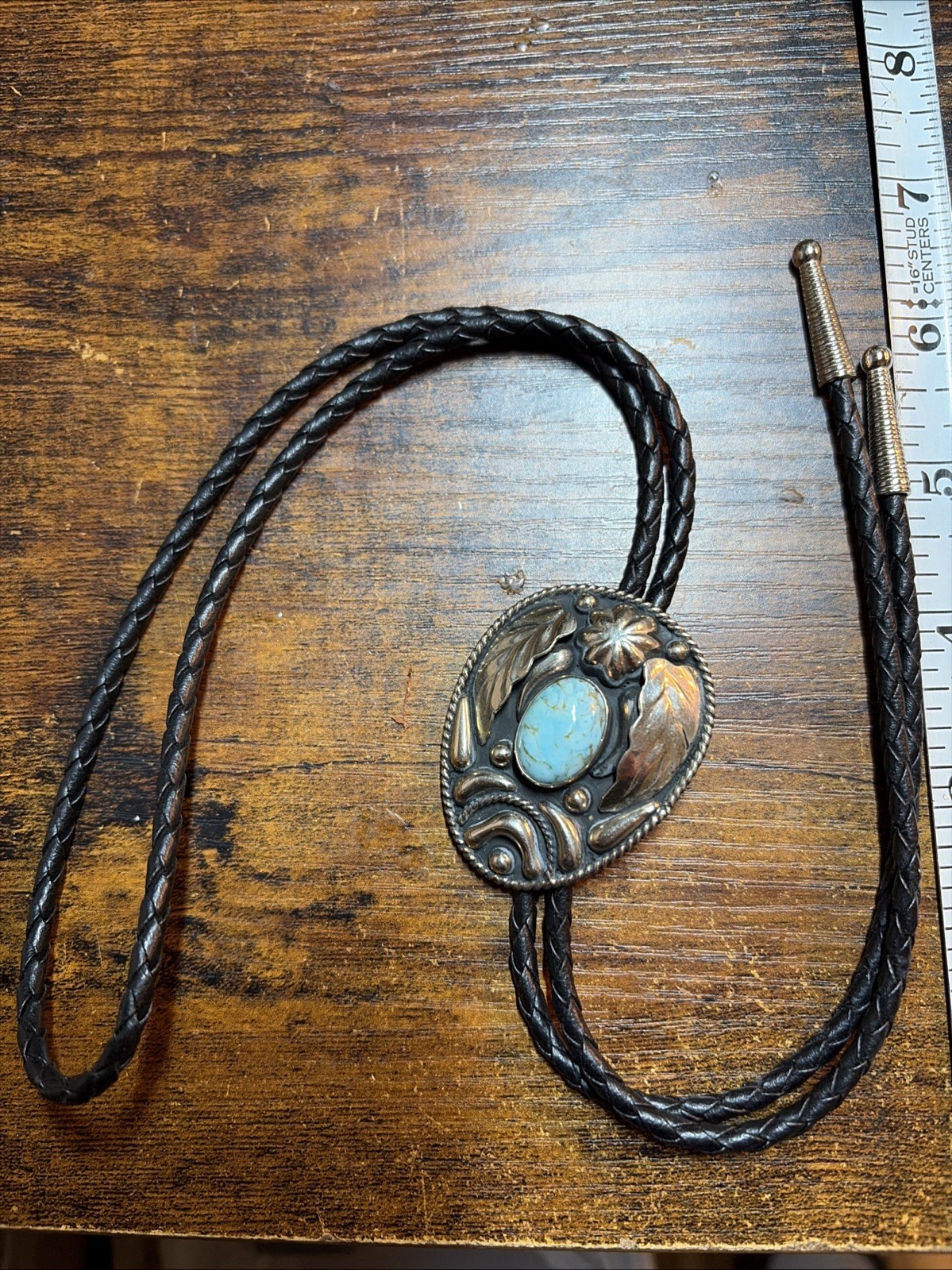 Vintage Alpaca Mexico Cowboy Cowgirl Bolo Tie Necklace Turquoise Western 17-18”