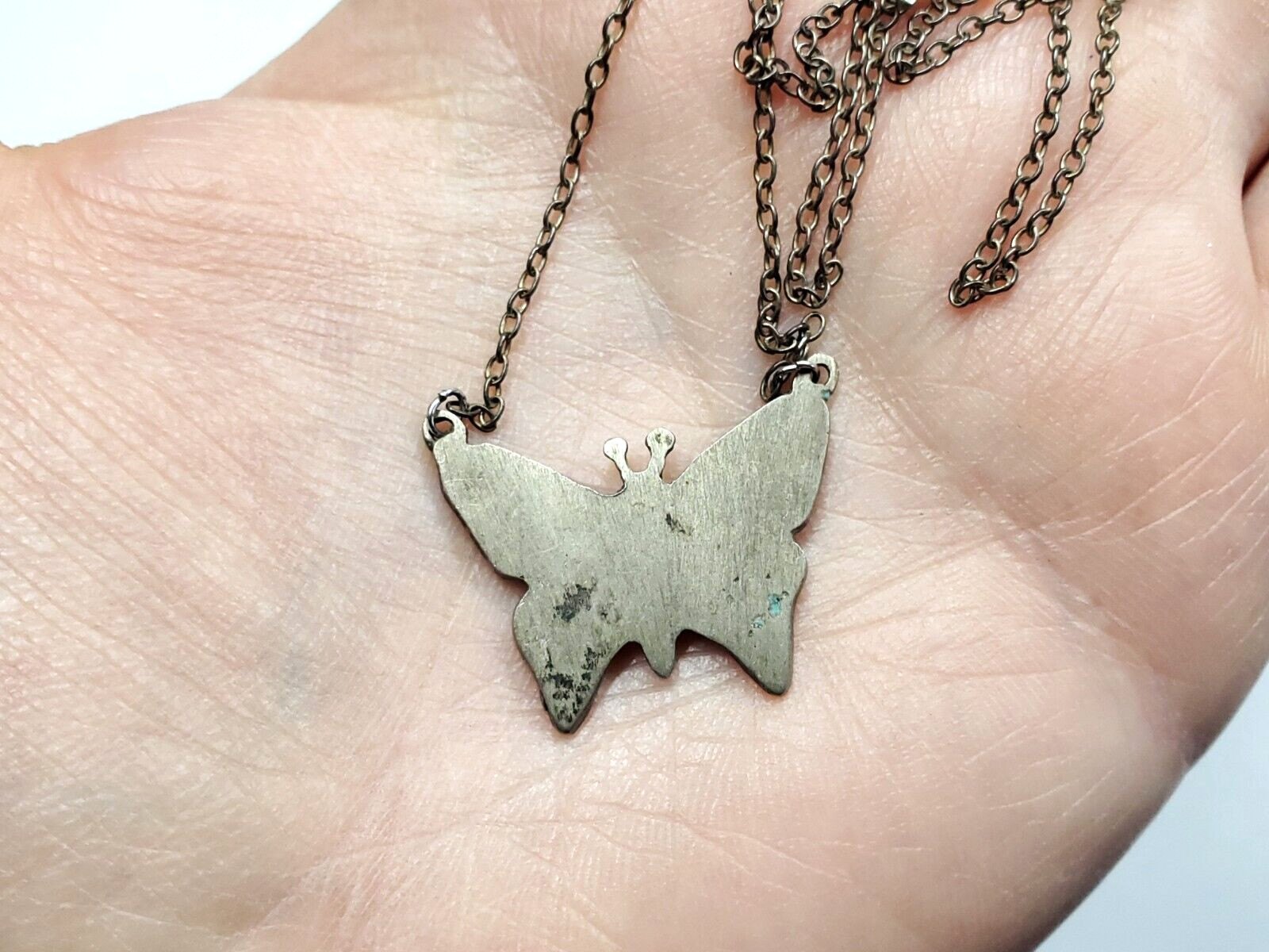 Vintage Butterfly Silver Turquoise Coral Chip Inlay Enamel Pendant Necklace