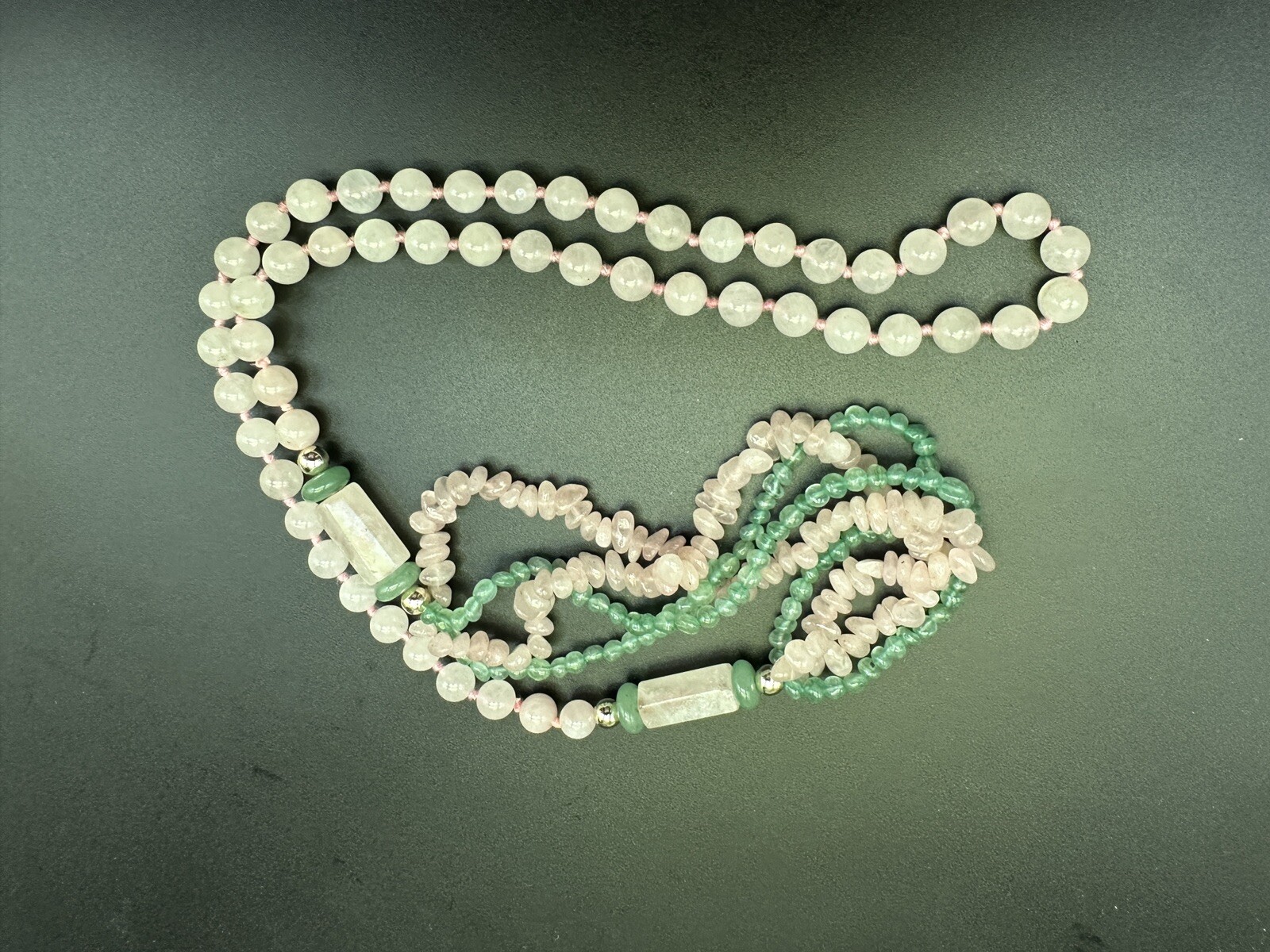 Vintage Chinese Export Multistrand Pink Rose Quartz Green Jade Necklace Stunning