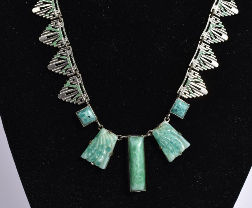 Vintage circa 1920 egyptian revival necklace carved green glass Germany