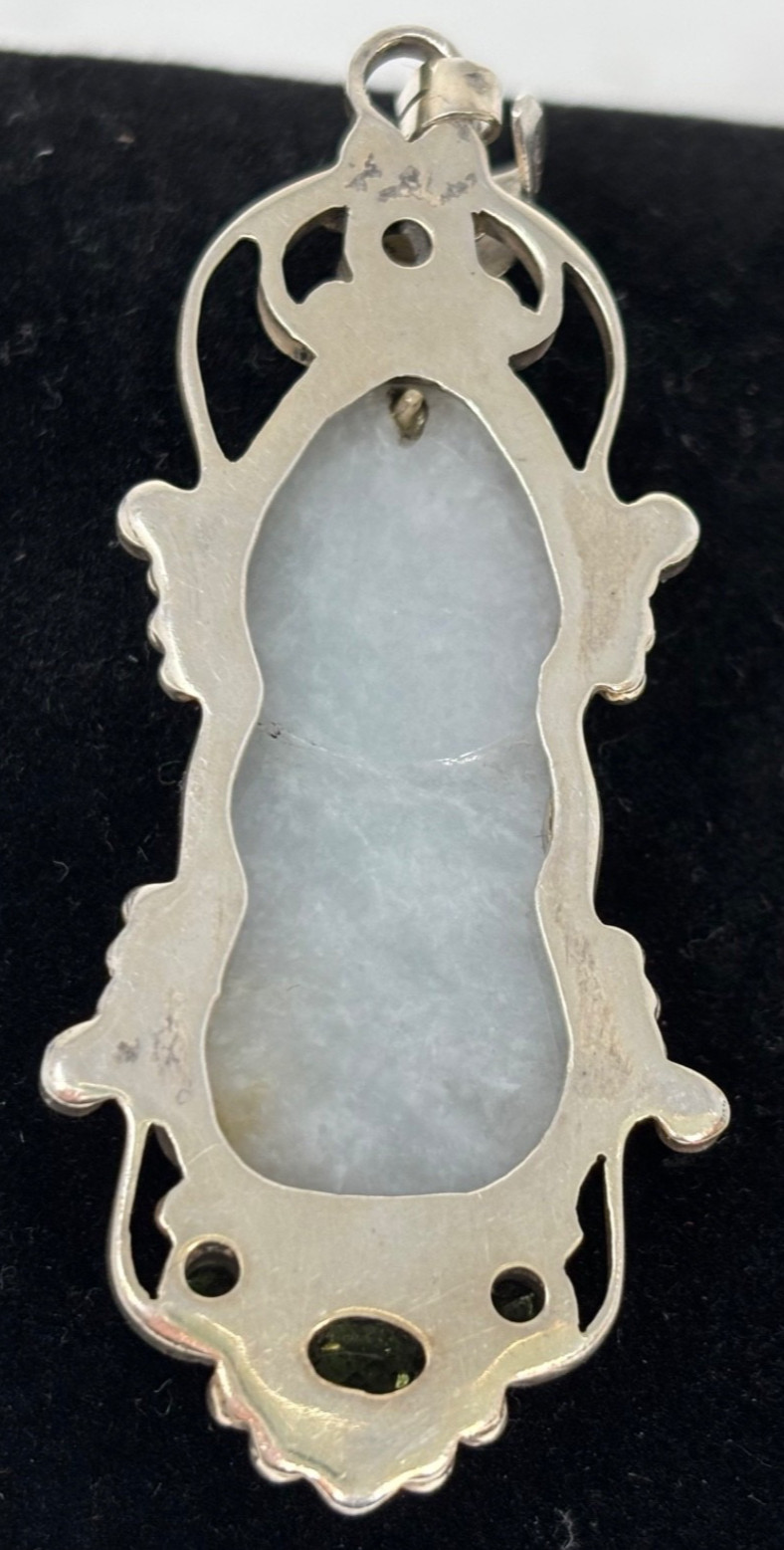 VTG Pendant 925 Silver Scroll Icy White Jadeite Hand-carved Buddha Peridot Pearl