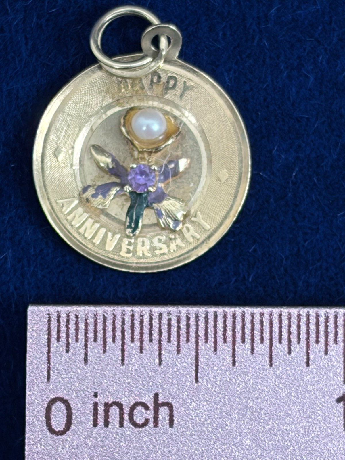 Vintage 14k Yellow Gold Happy Anniversary Charm Pearl and Gemstone