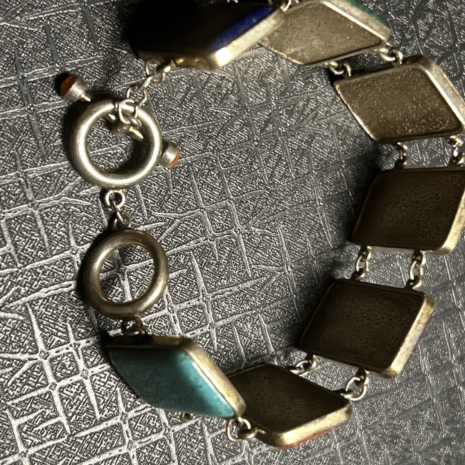 VTG Sterling Silver Multi Natural Crushed Gemstone Panel Bracelet Rectangle 925