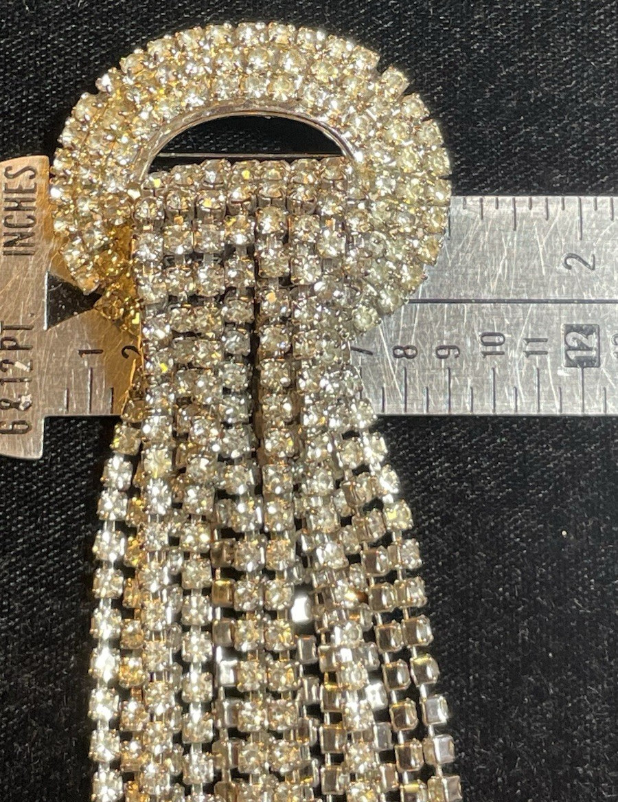 VTG KRAMER OF NEW YORK RHINESTONE WATERFALL TASSEL STATEMENT BROOCH PIN 3-7/8″ L