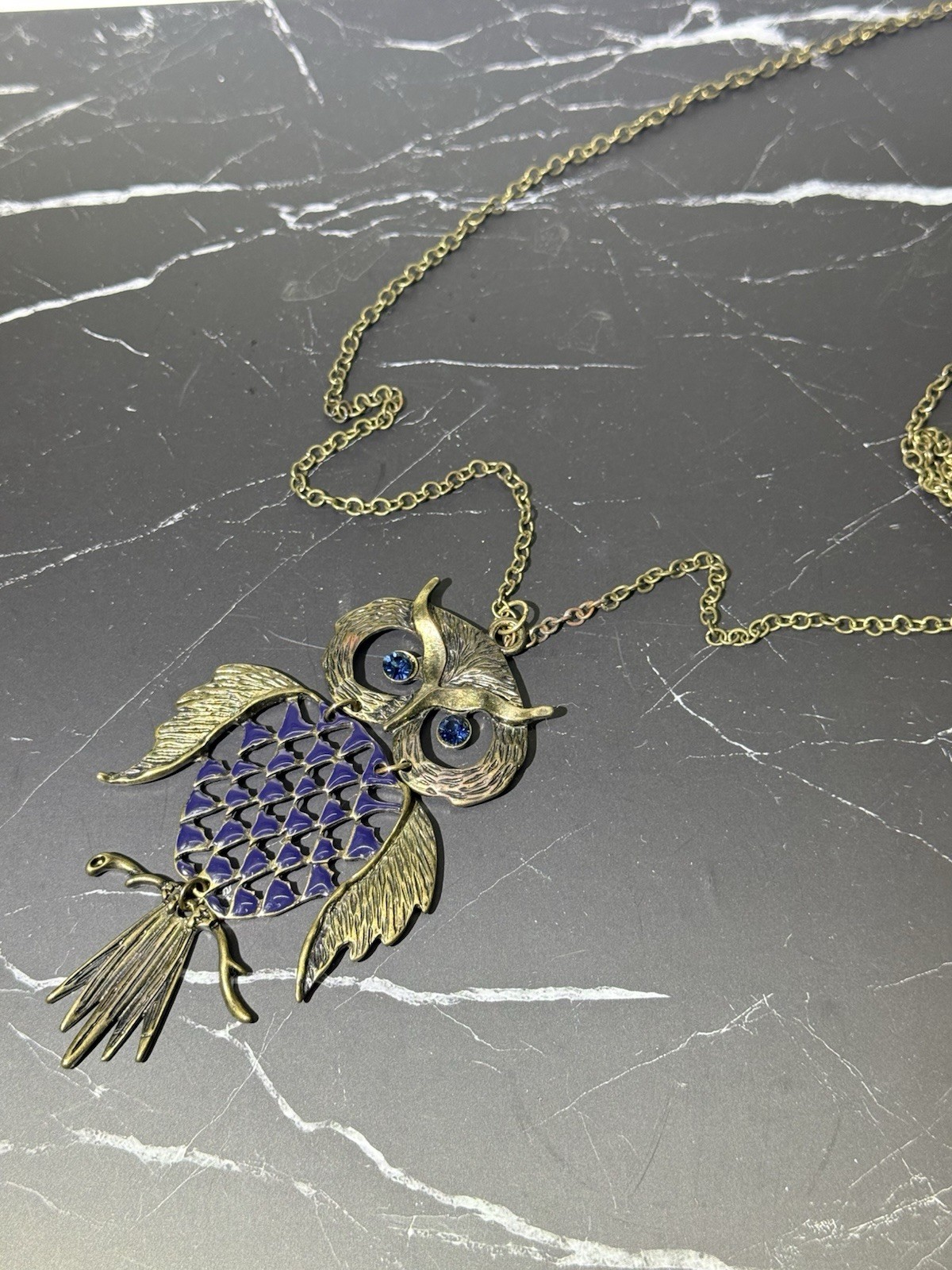 Vtg 1970″s Articulated Owl Pendant 3.75″ Silver Tone Blue Stone Eyes 30″ Chain