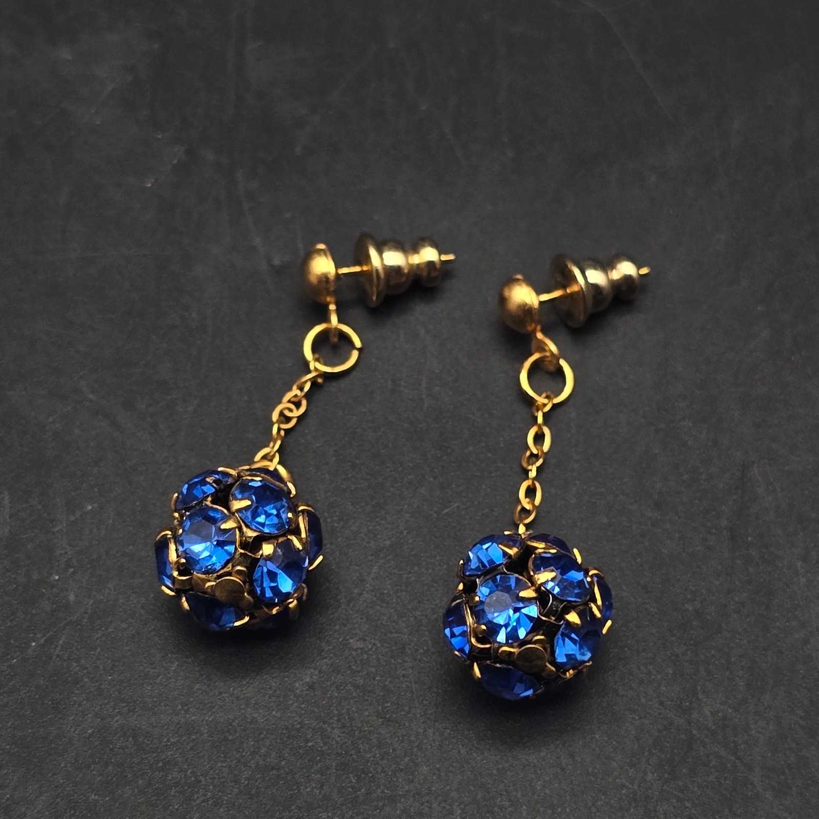 Blue Rhinestone Ball Earrings Gold Tone Pierced Post Dangle Drop Vintage