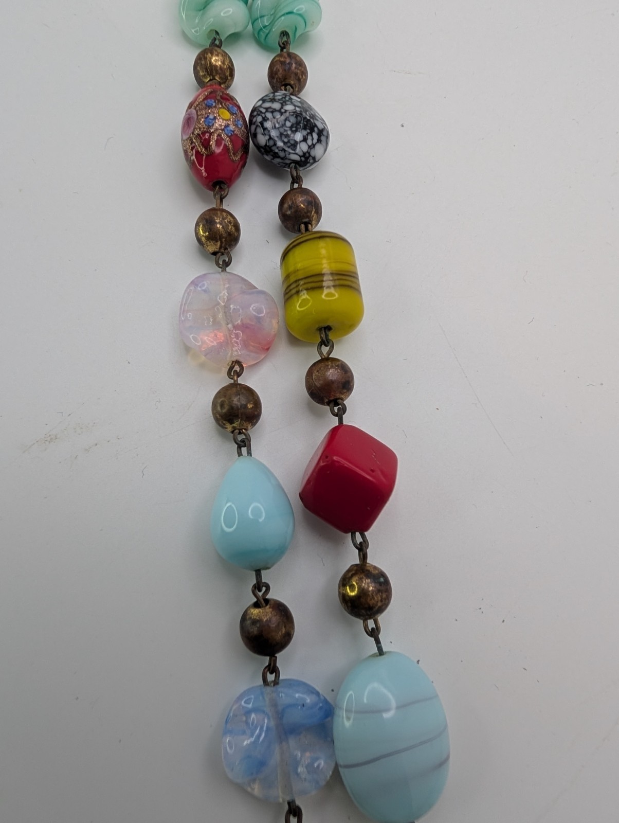 VTG Colorful Glass Metal & PlasticBead Necklace Painted Bronze Swirls Long