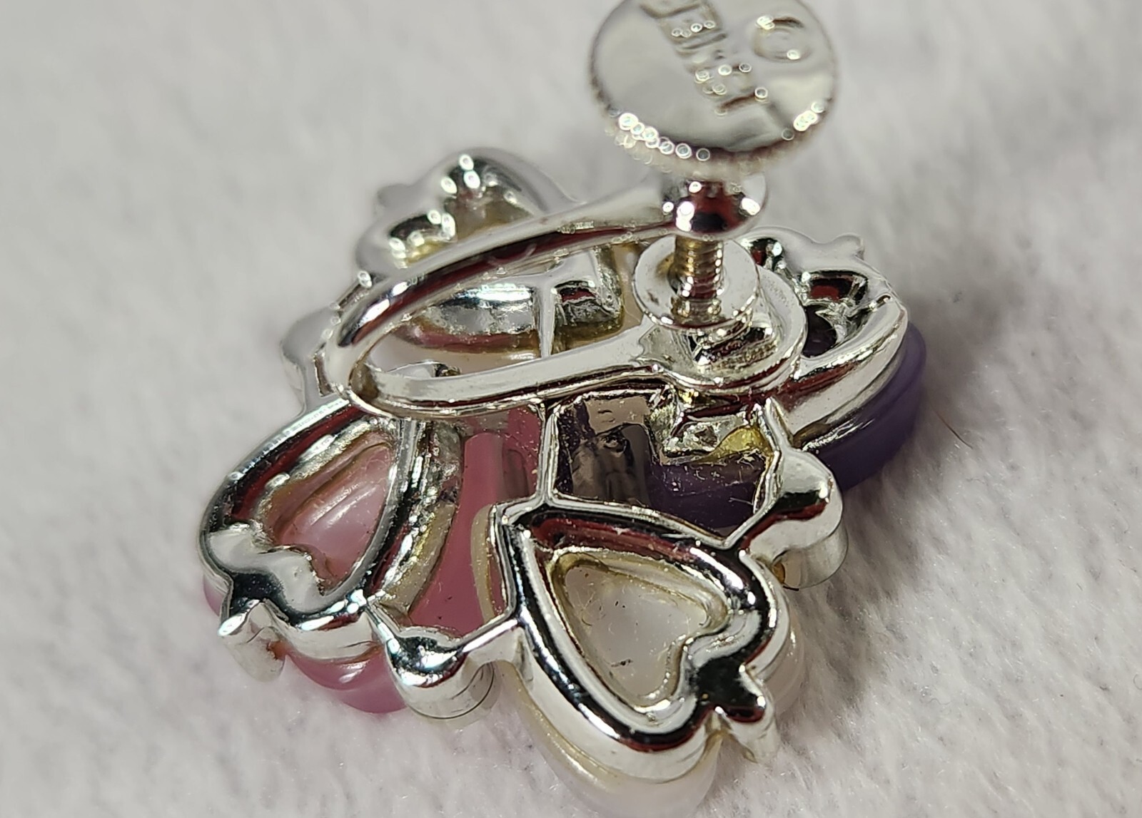 Lisner Signed 4 Heart Purple Pink White Lucite & Rhinestones Earrings Screw Back