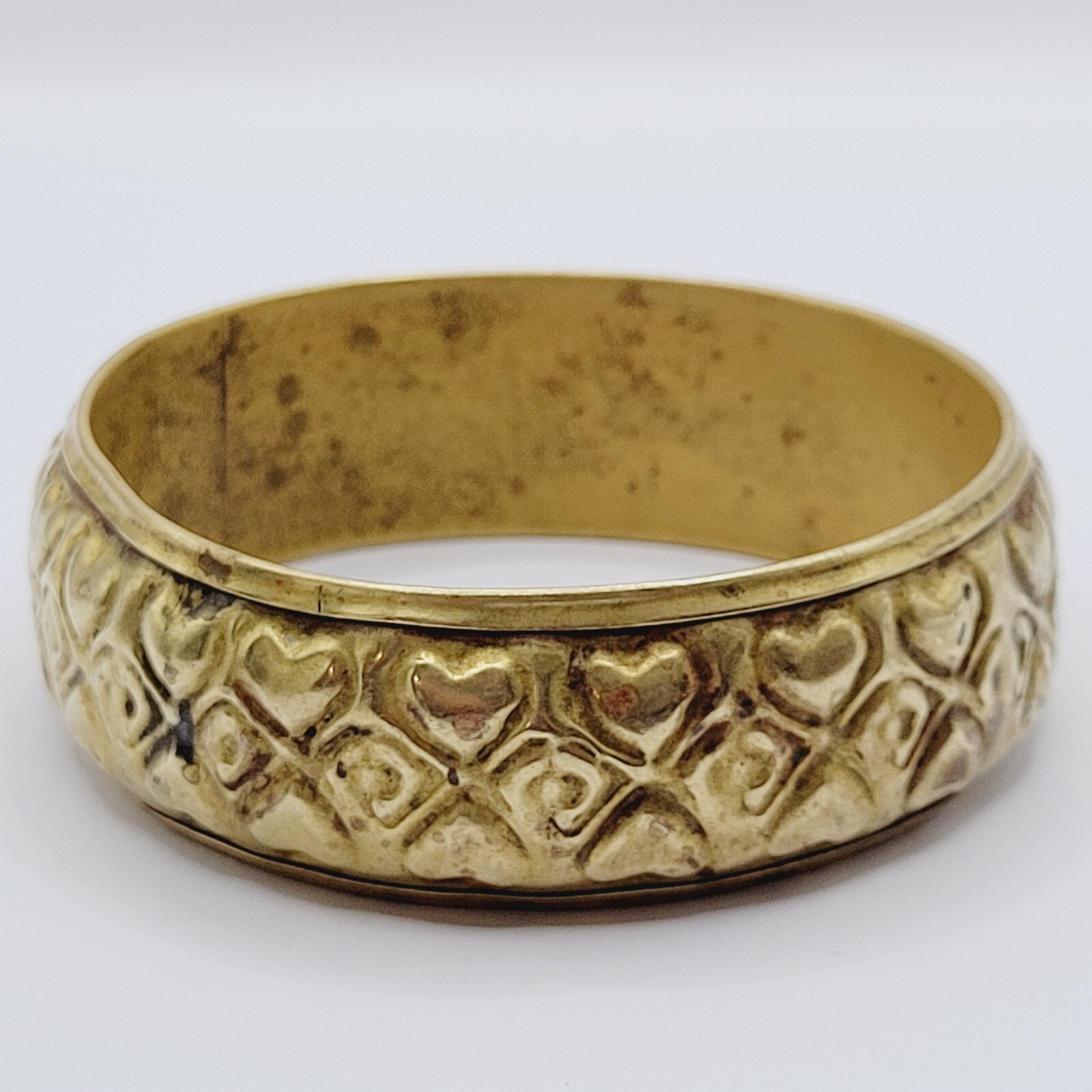 Wide Brass Chunky Bangle Embossed Heart Pattern Vintage Bracelet 8 Inch Approx