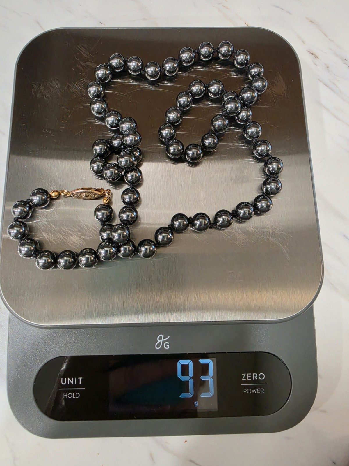 Vintage Genuine 24″ Hematite 8mm Round Bead Necklace Hand Knotted Secure Clasp