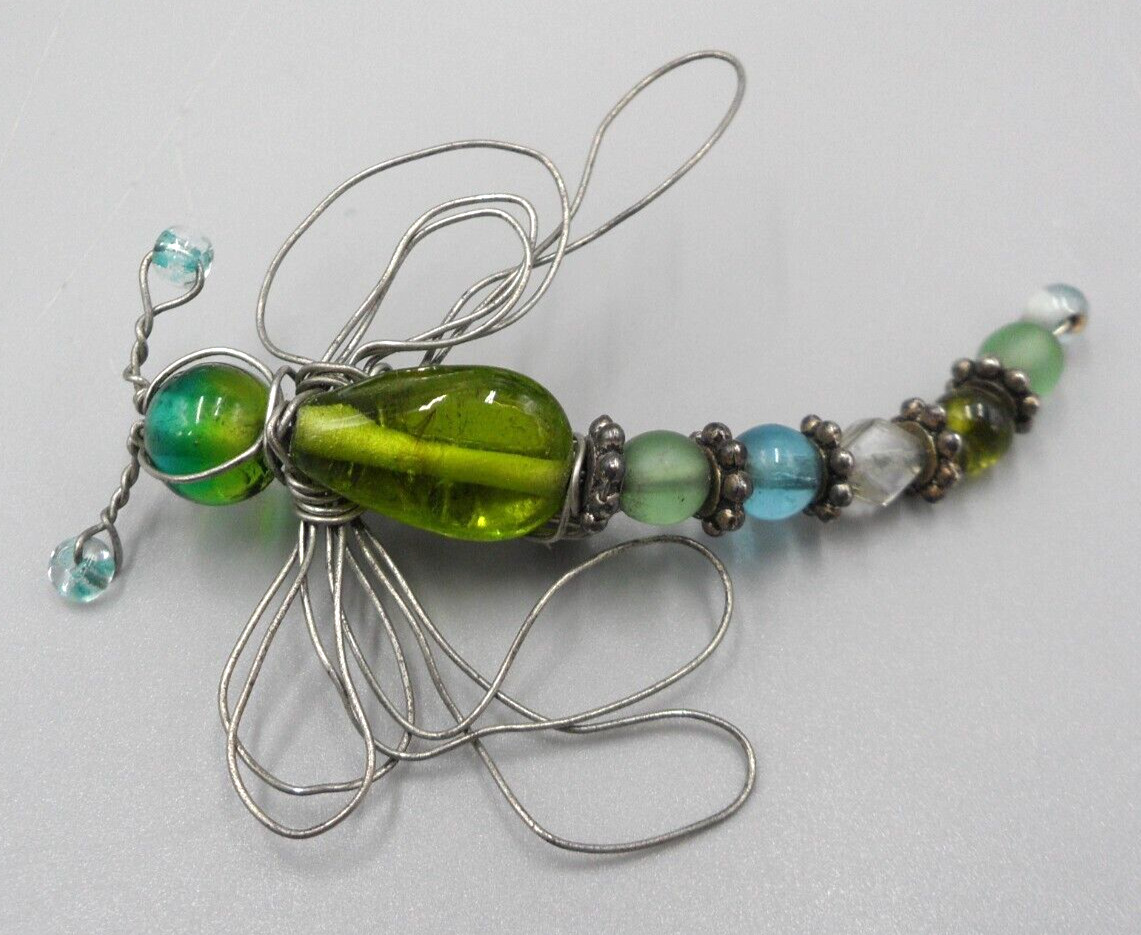 Vintage Dragonfly Brooch Art Glass Beads Wire Work 70s Retro Hippie Boho 3″