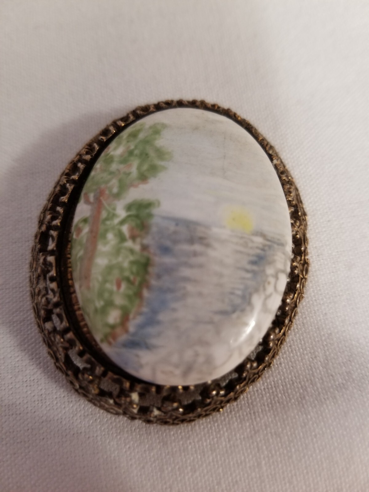 Antique Hand Painted Brooch/Pendant set in Heavy Gold Colored Filagree Metal