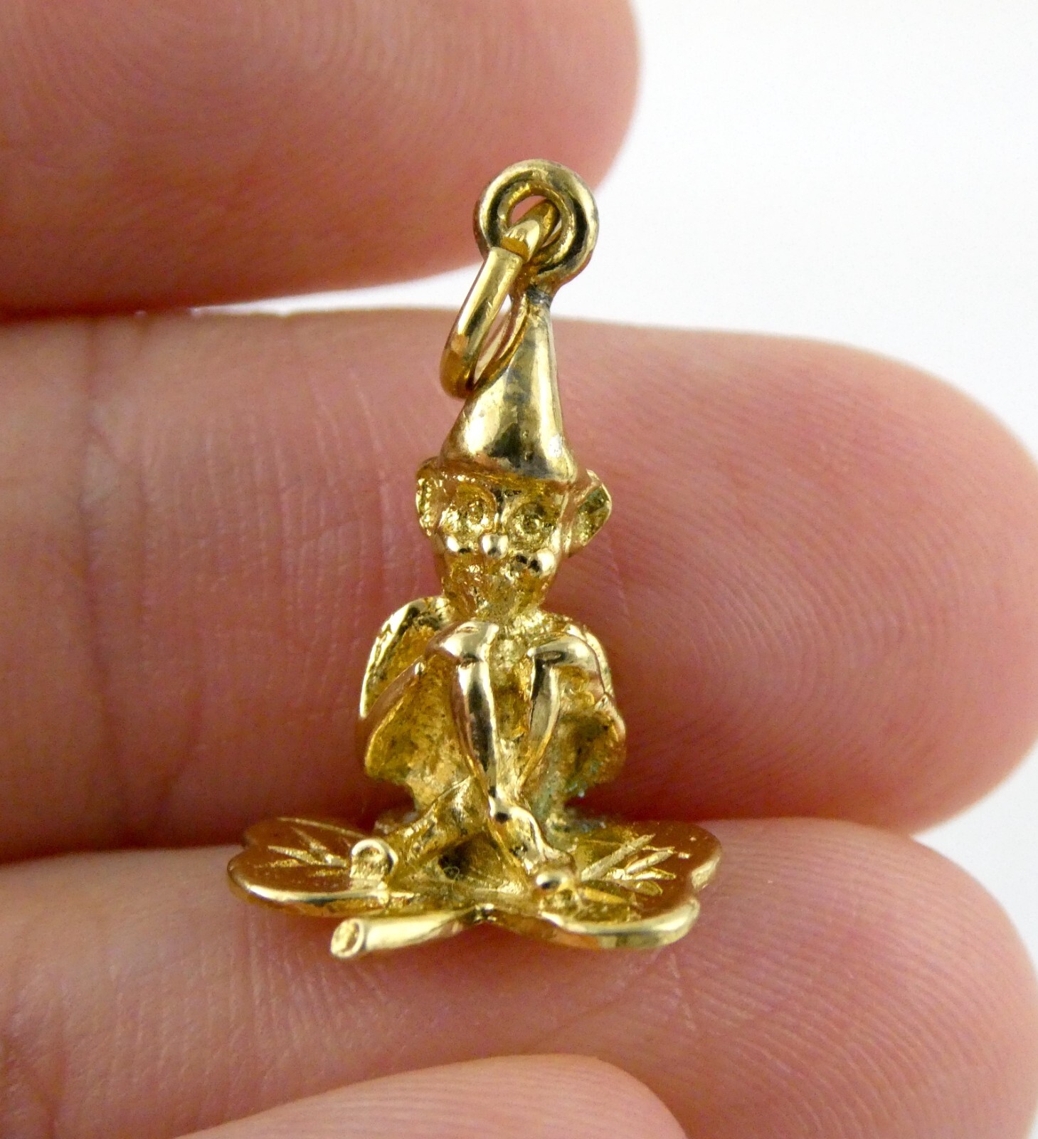 Vintage Gilt Sterling Silver Sitting Elf or Leprechaun Shamrock Pendant Charm