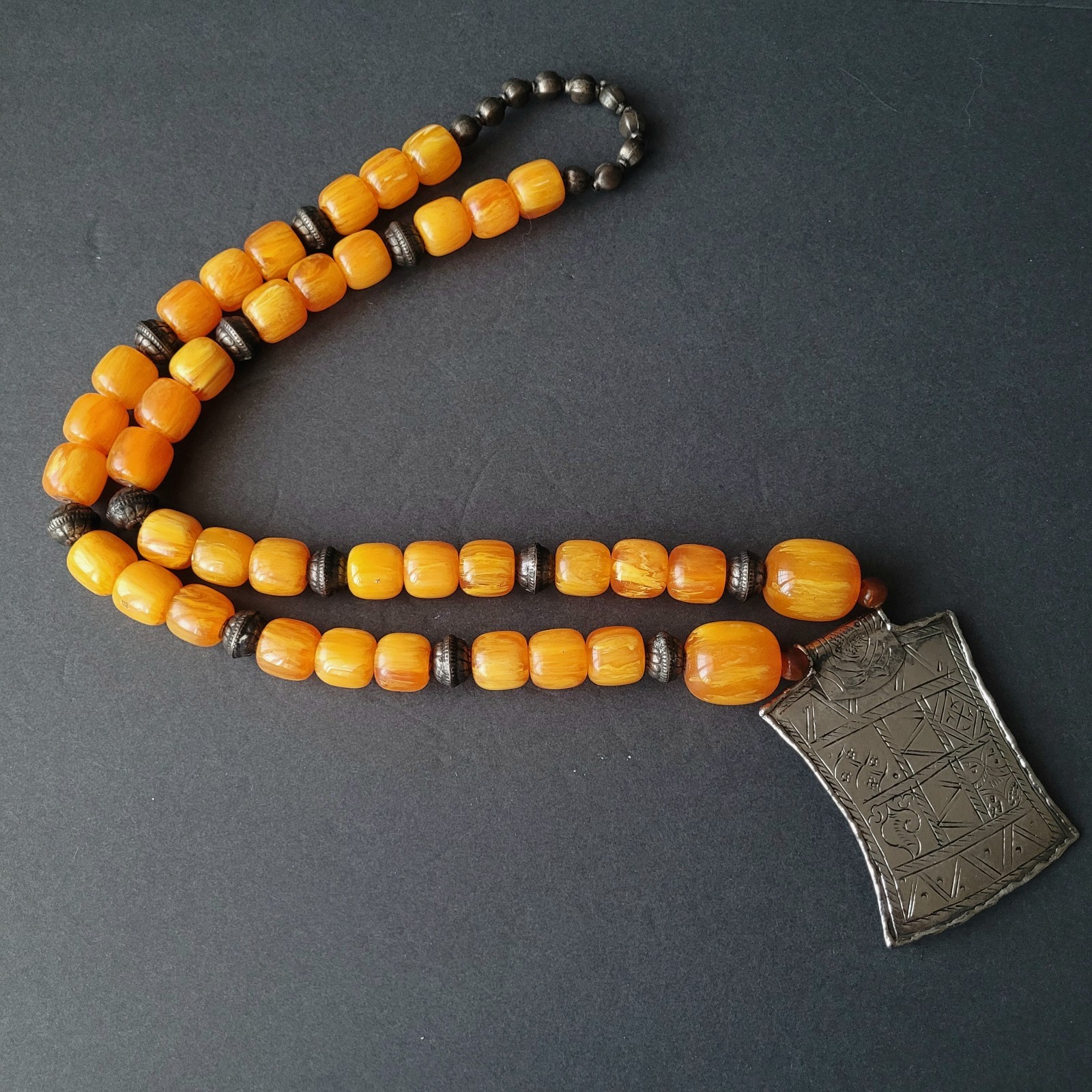 Vtg Pressed Amber Resin ? Prayer Beads Necklace Silverplate Pendant Moroccan