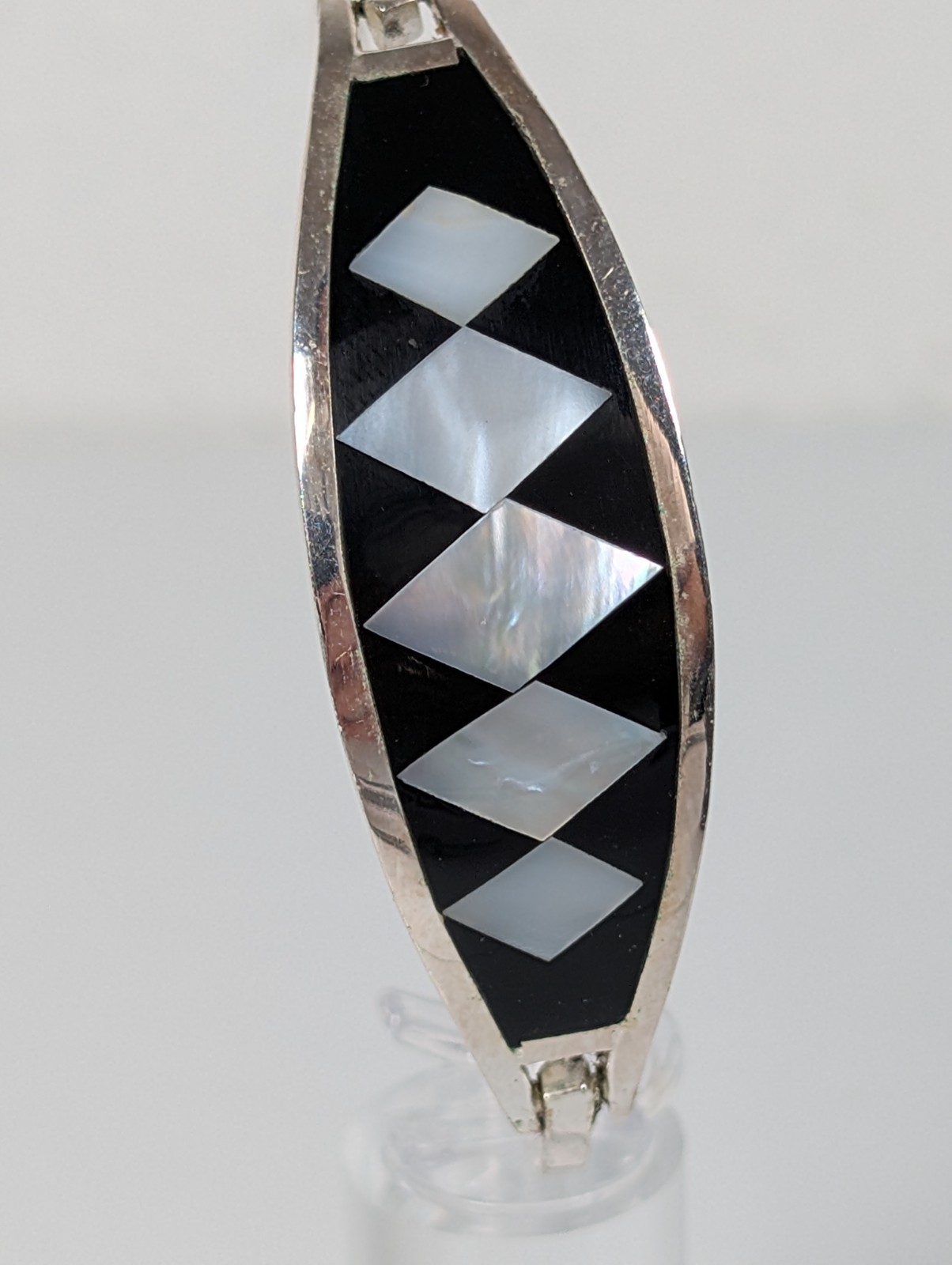 Vtg Alpaca Mexico Hinged Bangle Bracelet MOP Abalone Shell Inlay 1980s NOS