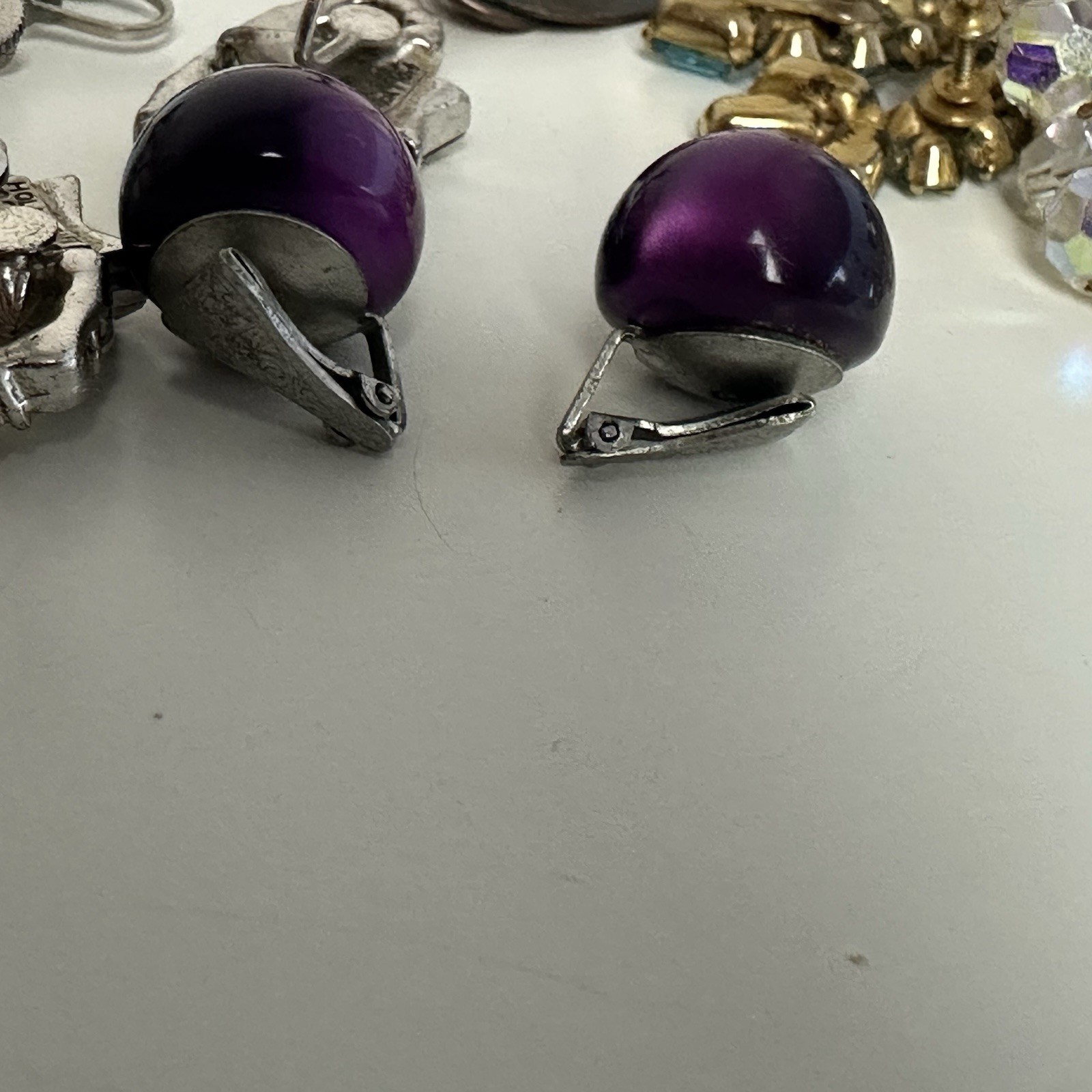 Vintage Clip On Earring Lot Millefiore Hollycraft Star Orchid Moonglow Purple