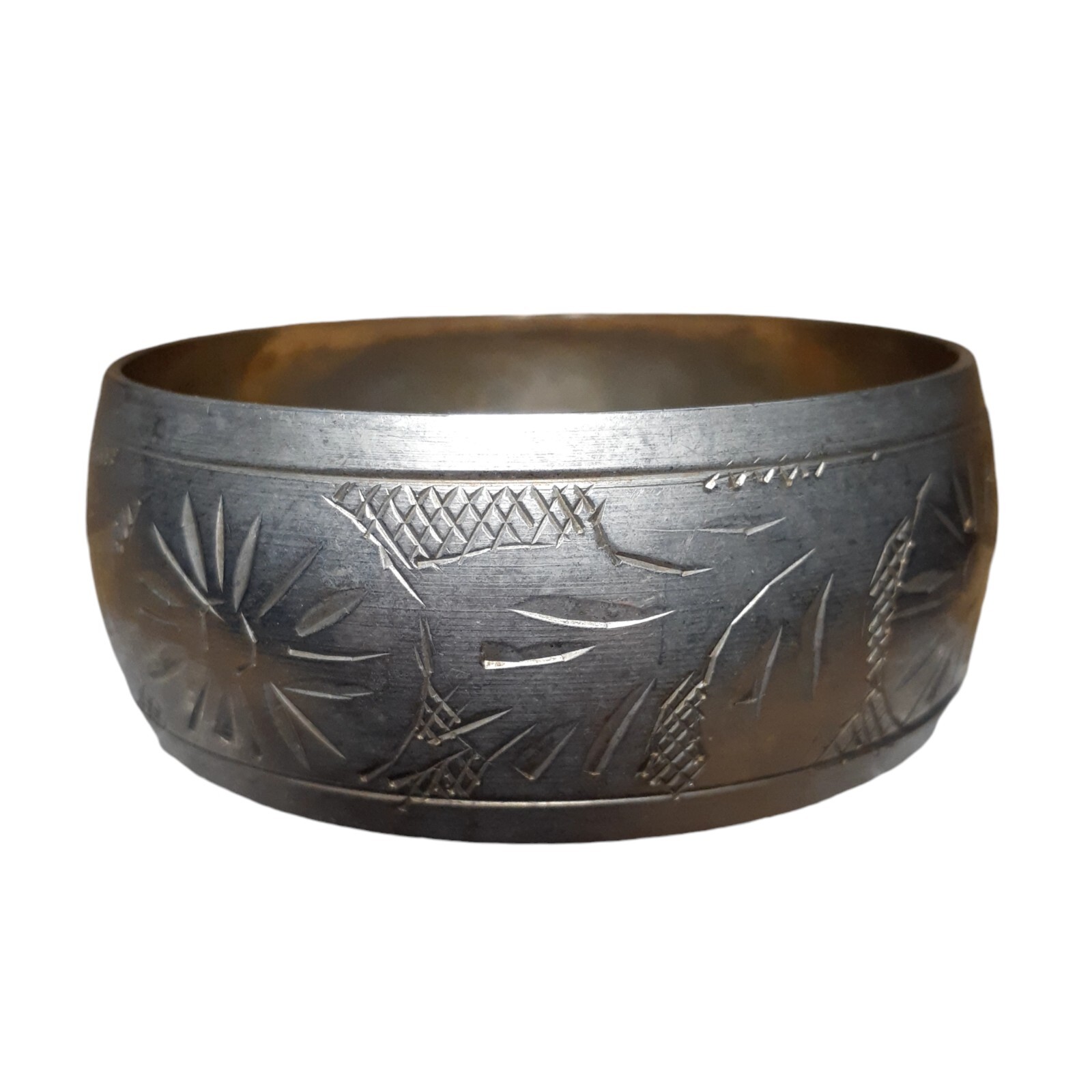 Vintage Etched Wide Bangle Bracelet Silver or Pewter1″ Tarnished