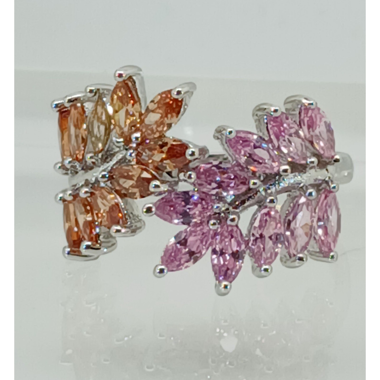 Vintage Ring Size 9.5 Silver Tone White Gold GP Pink Champagne Amber CZ Spray