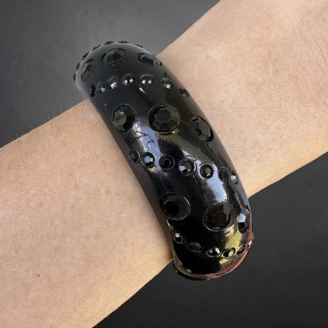 Vintage Black Lucite Bracelet Rhinestone Hinged Clamper Midcentury 1950s 60s