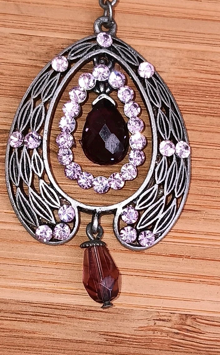 Vintage gunmetal pendant W/ pink rhinestones & purple/pink bead accents, 18-21″