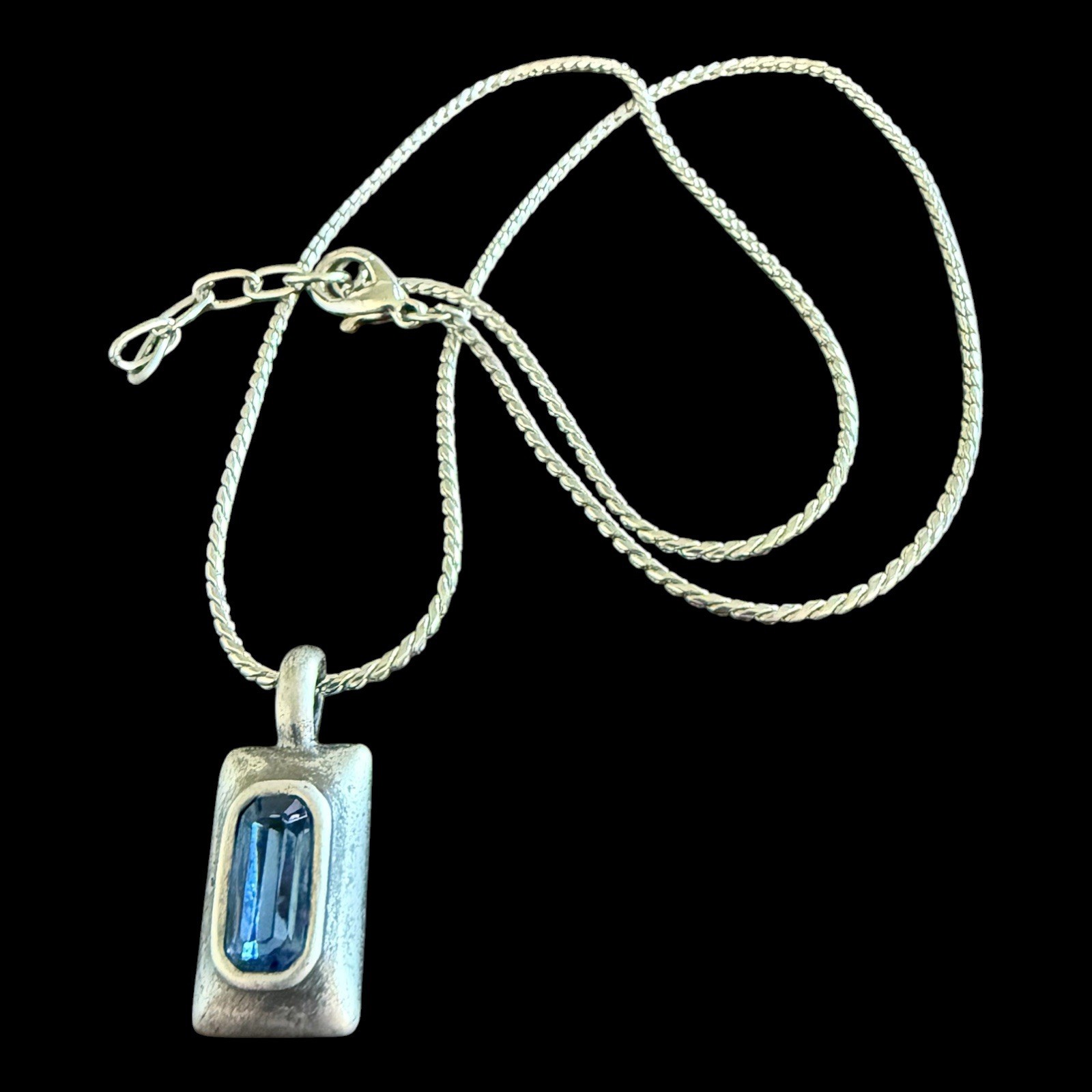 Vintage Silver Necklace Royal Blue Baguette Crystal Pendant, Silver toned Chain