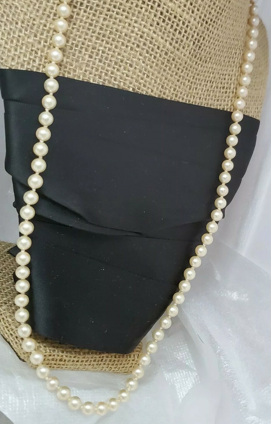 Vintage Hand Knot Ivory Creamy Glass Faux Pearl Single Strand 24 Inch Necklace