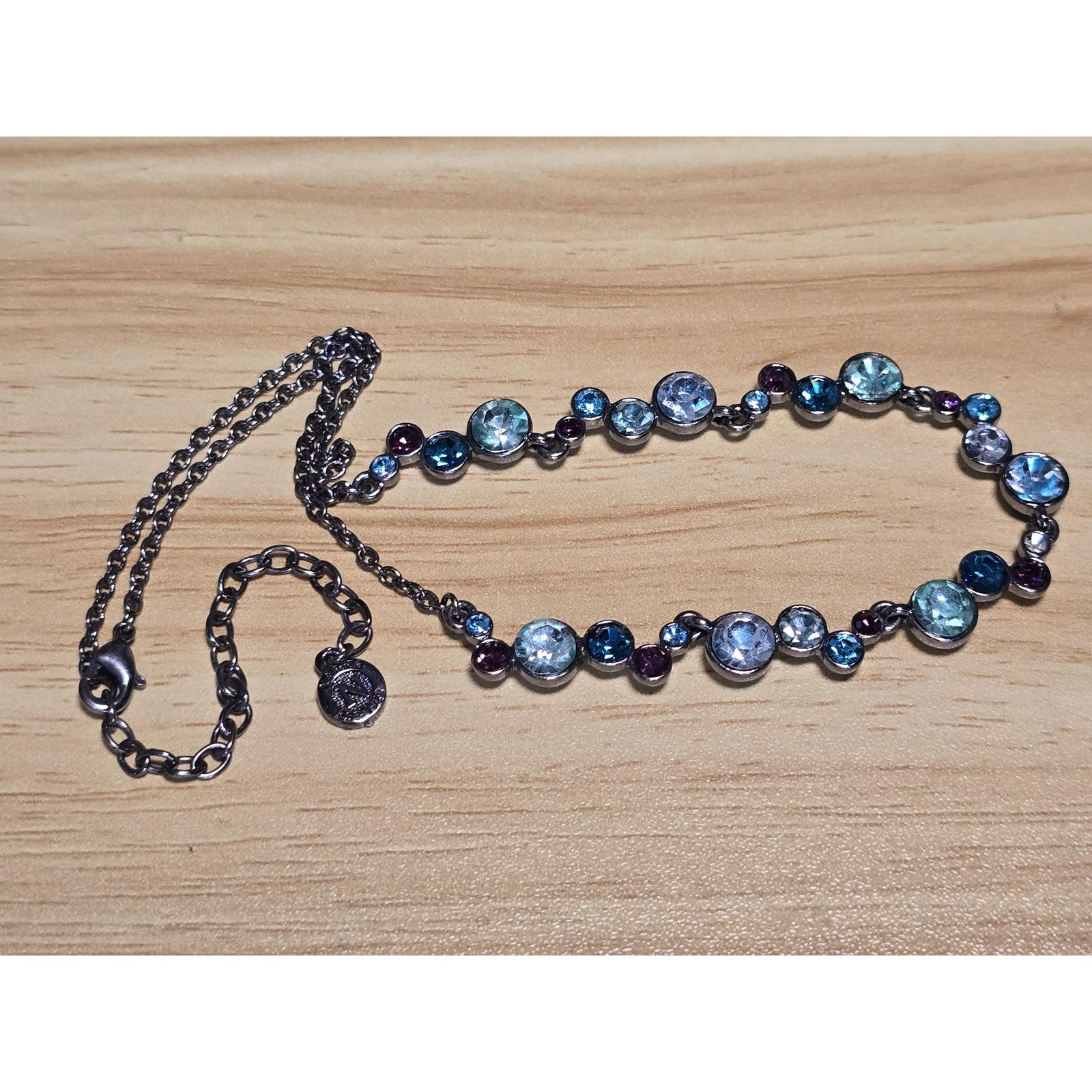 Napier Crystal Necklace Teal Blue Pink Rhinestone Necklace Gunmetal Tone