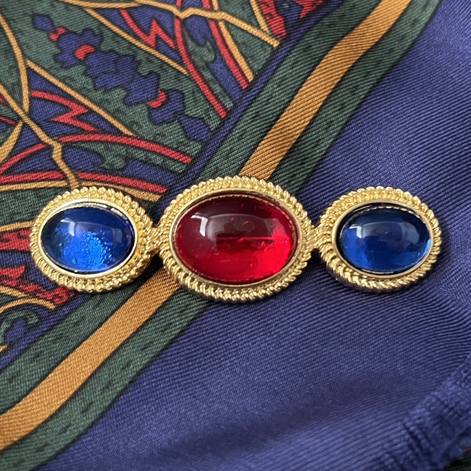 Gripoix Style Glass Cabochon Brooch Bar Pin Gold Tone Red Blue Scarf Pin
