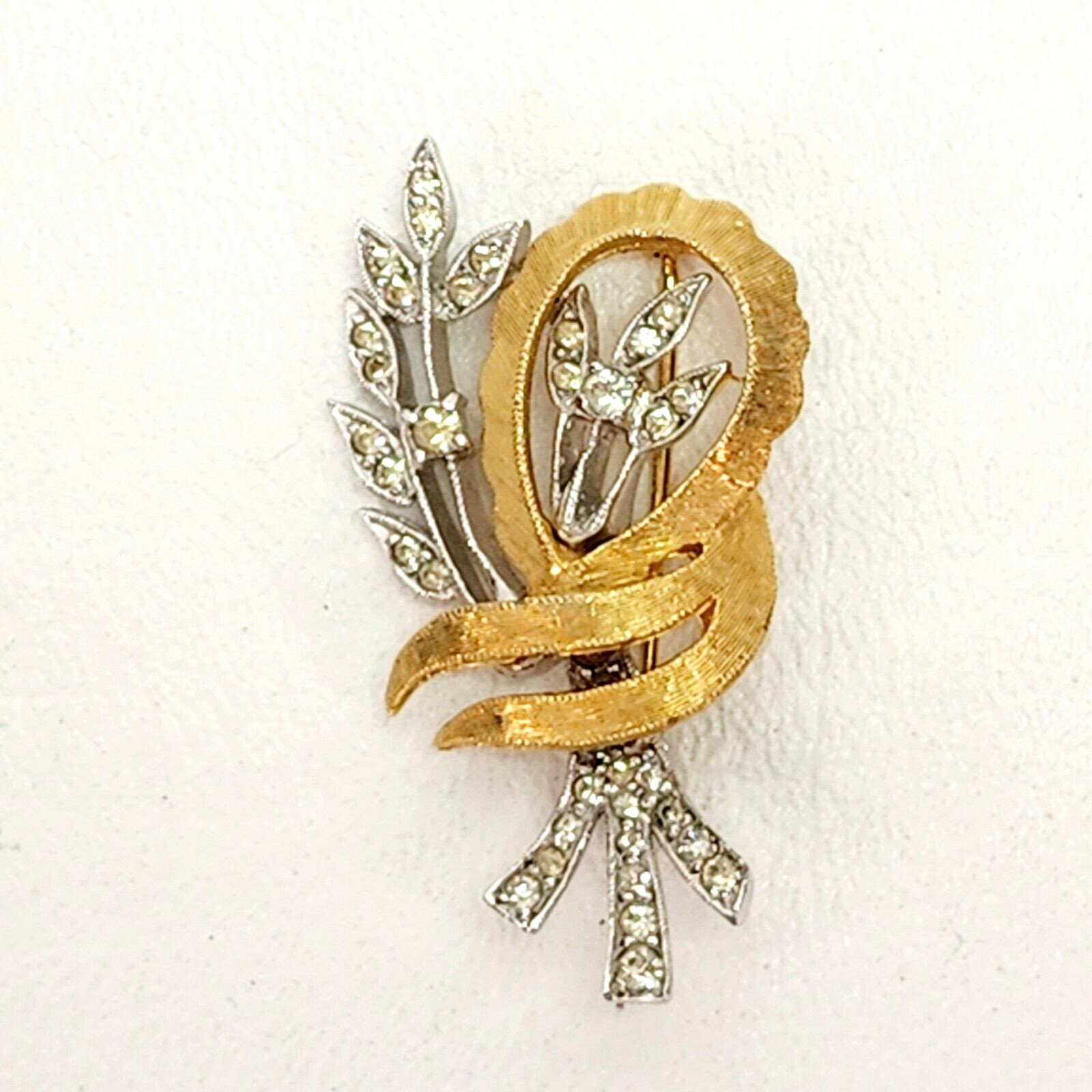Gold and Silver Tone Flower Leaf Stem Swirl Knot Ribbon Brooch Pin