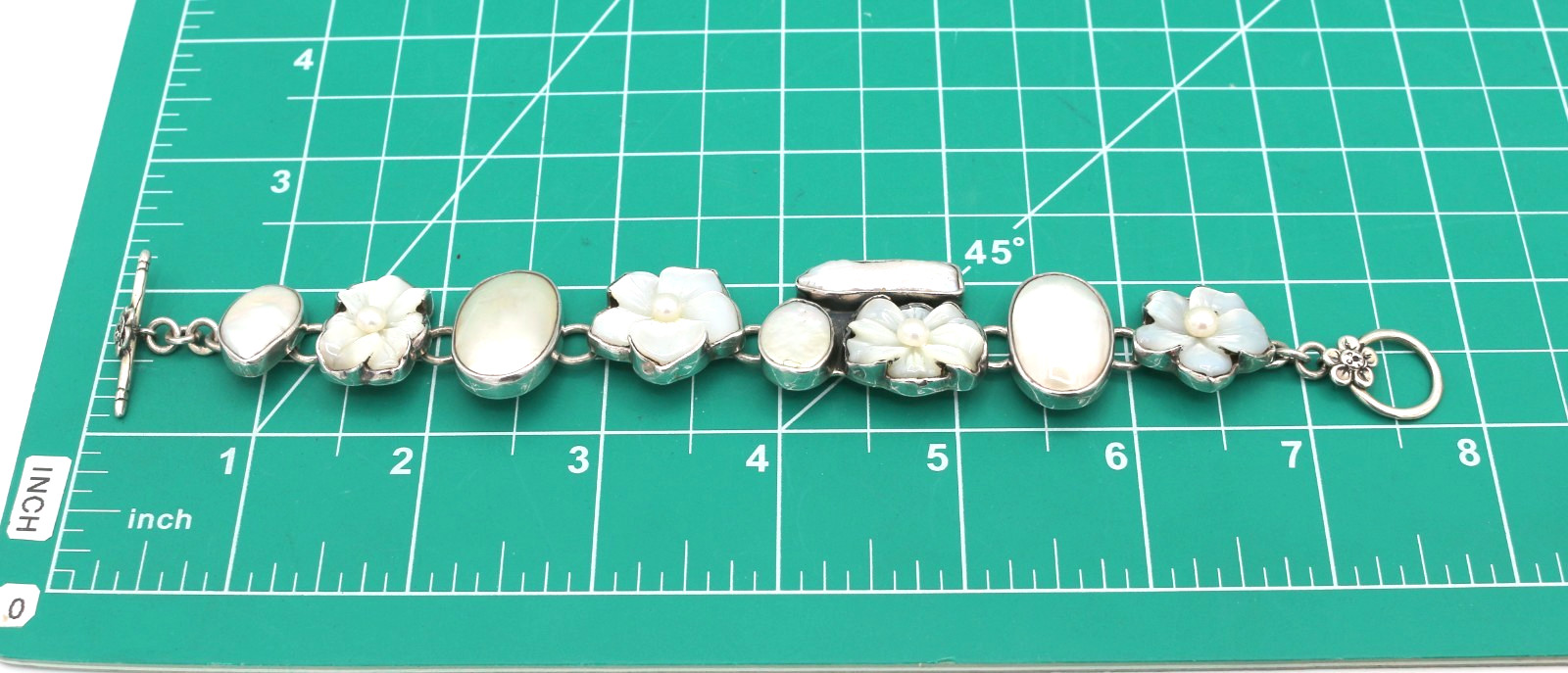 AKR Amy Kahn Russell Sterling Silver 925 Carved MOP Flowers Bracelet 7.5”