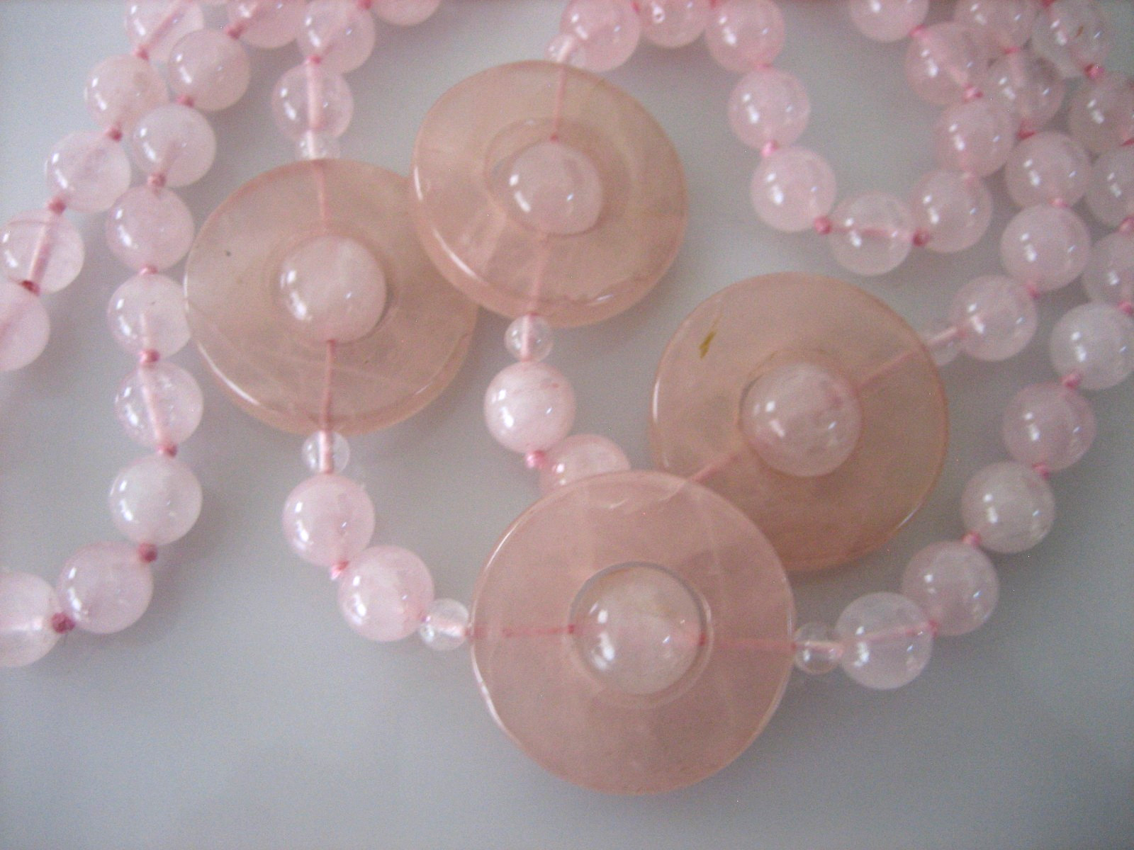 Vintage Pink Quartz Bead Disc Polished Hand Knot Necklace