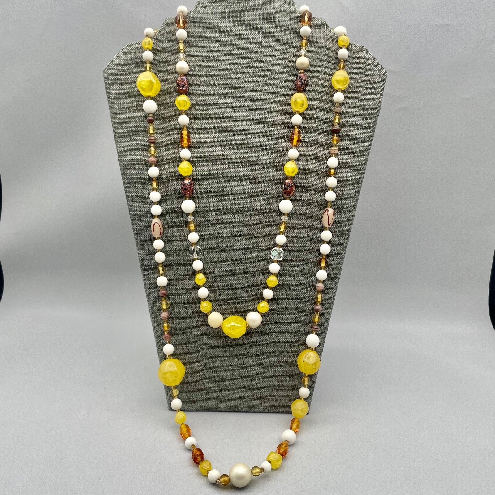 Vintage Artisan Wrap Necklace Beaded 58″ Yellow White Brown Beads Boho 70s-80s