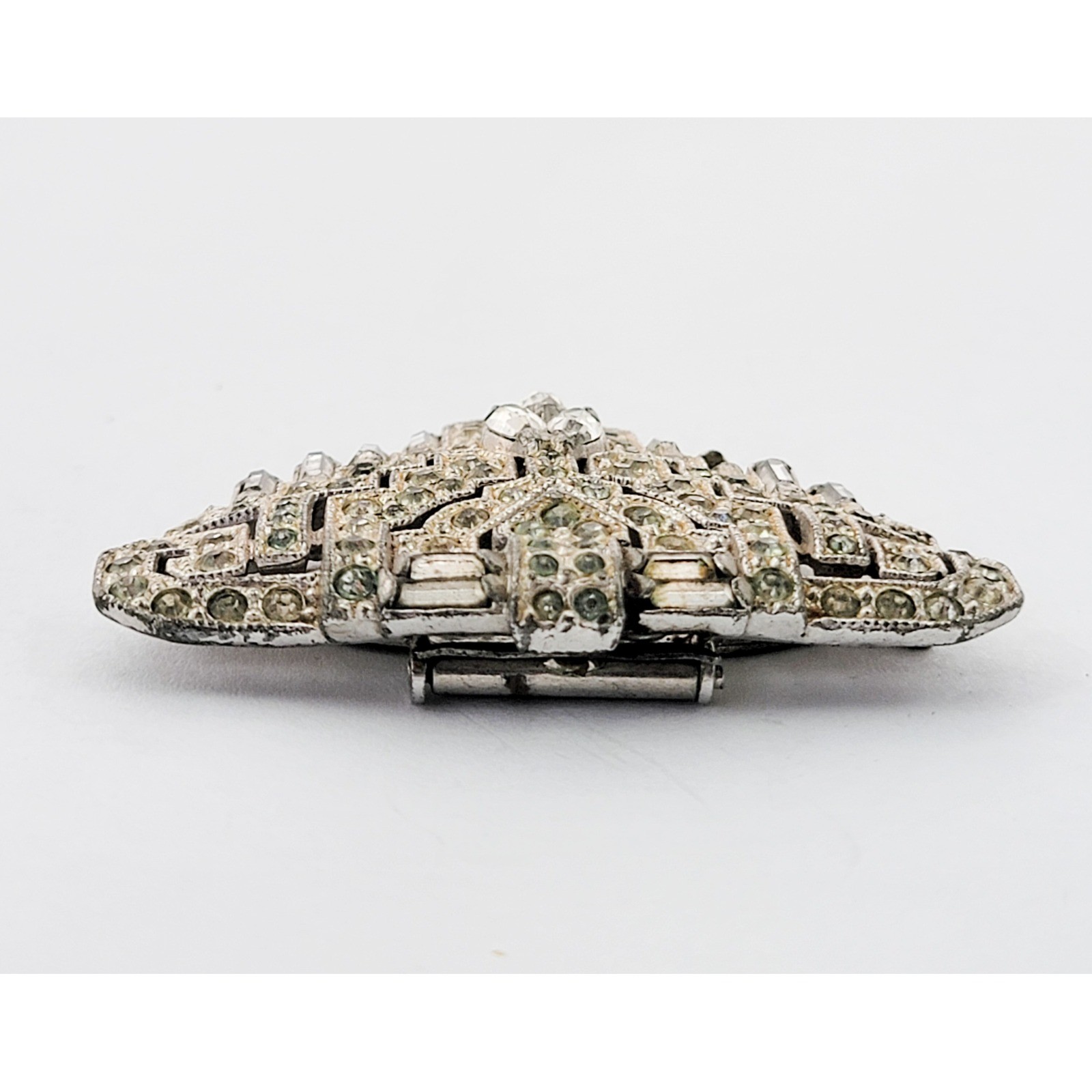 1930s Art Deco Rhinestone Dress Clip Brooch Pave Baguette Marquise Geometric