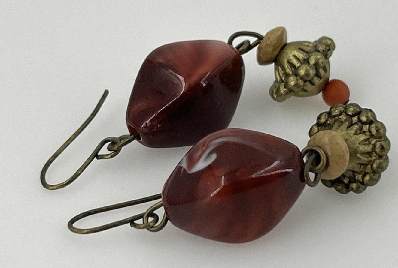 Vintage Redish Brown Marbled Resin Boho Dangle Earrings