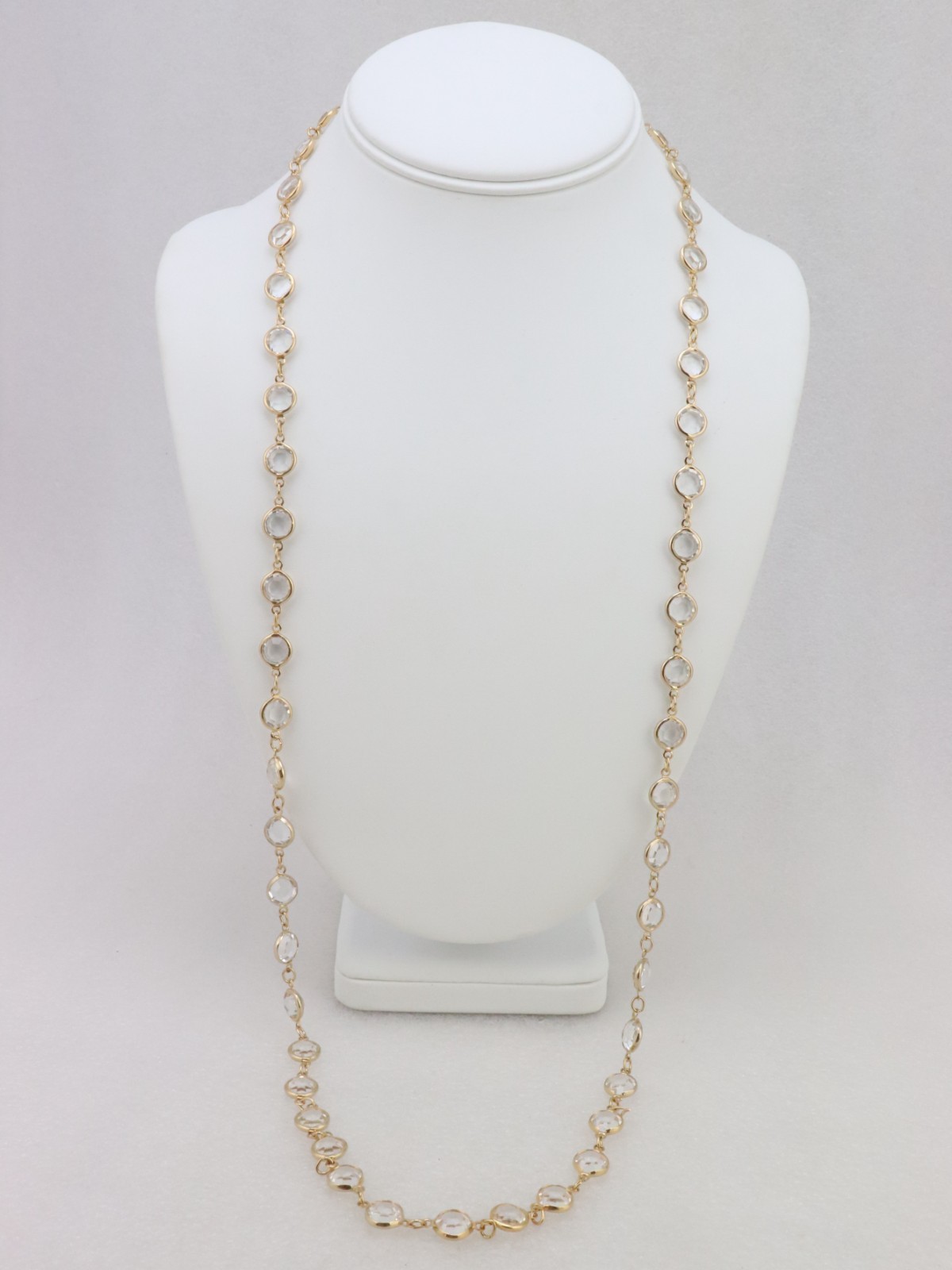 34″ Long 9mm Clear Crystal Bezel Rhinestone Necklace Signed AUSTRIAN USA Gold Tn