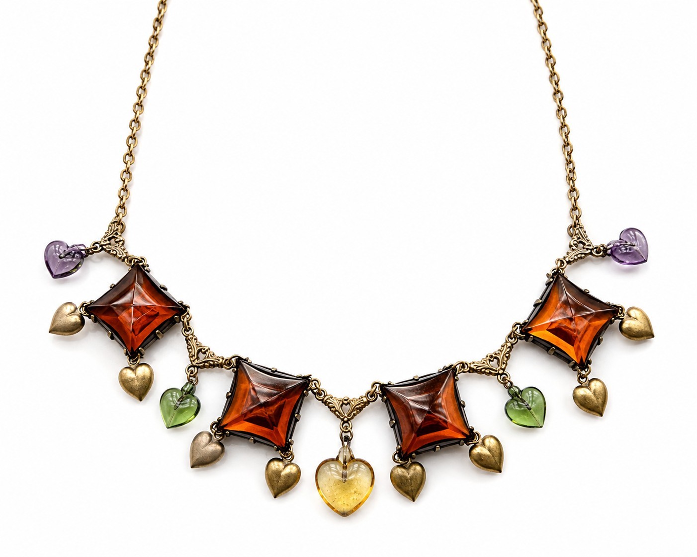 Vtg Art Glass Works Studio Brass Heart Charm Statement Necklace Amber Multi