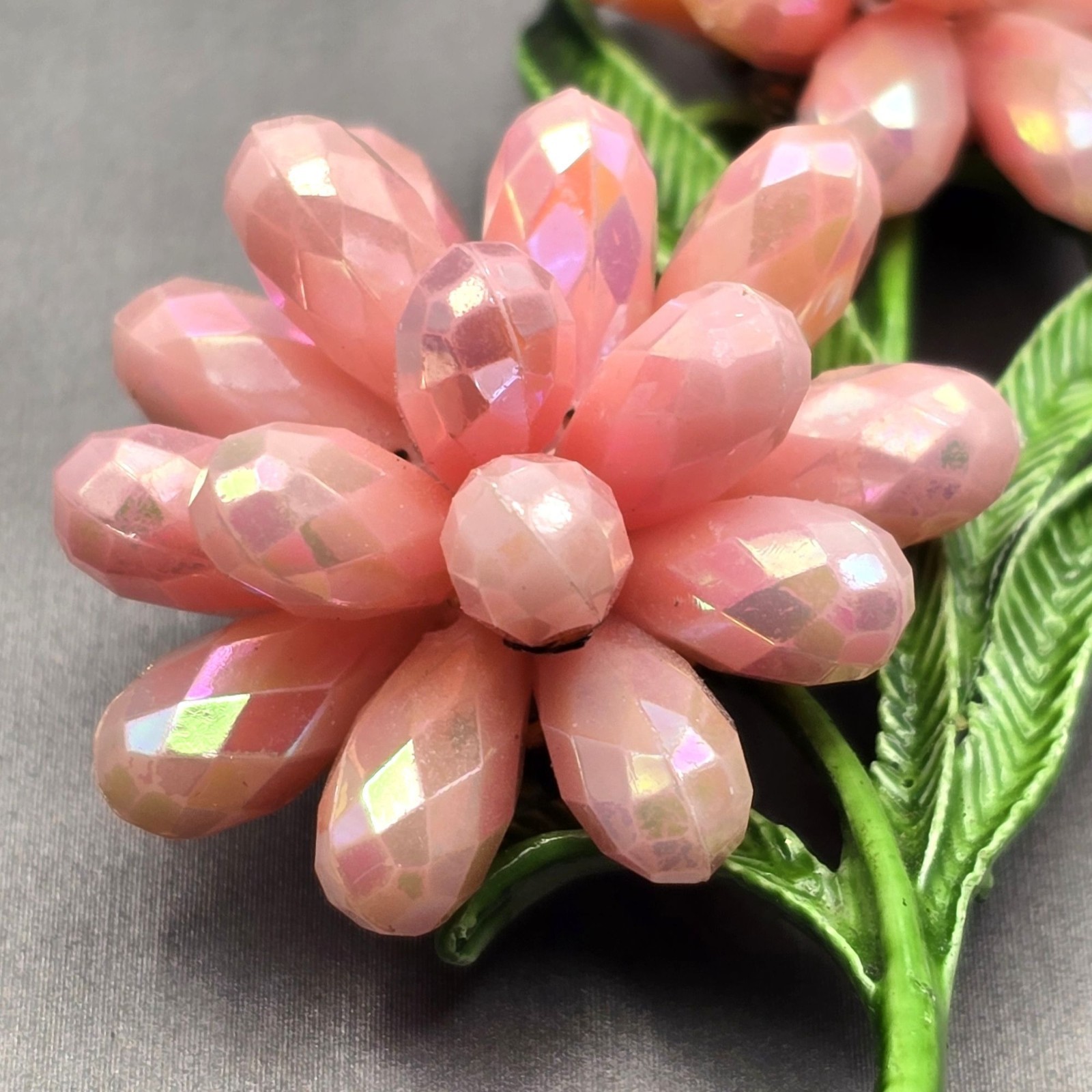 VTG AB Pink Resin Beaded Floral Brooch Green Leaf Double Flower Unsigned