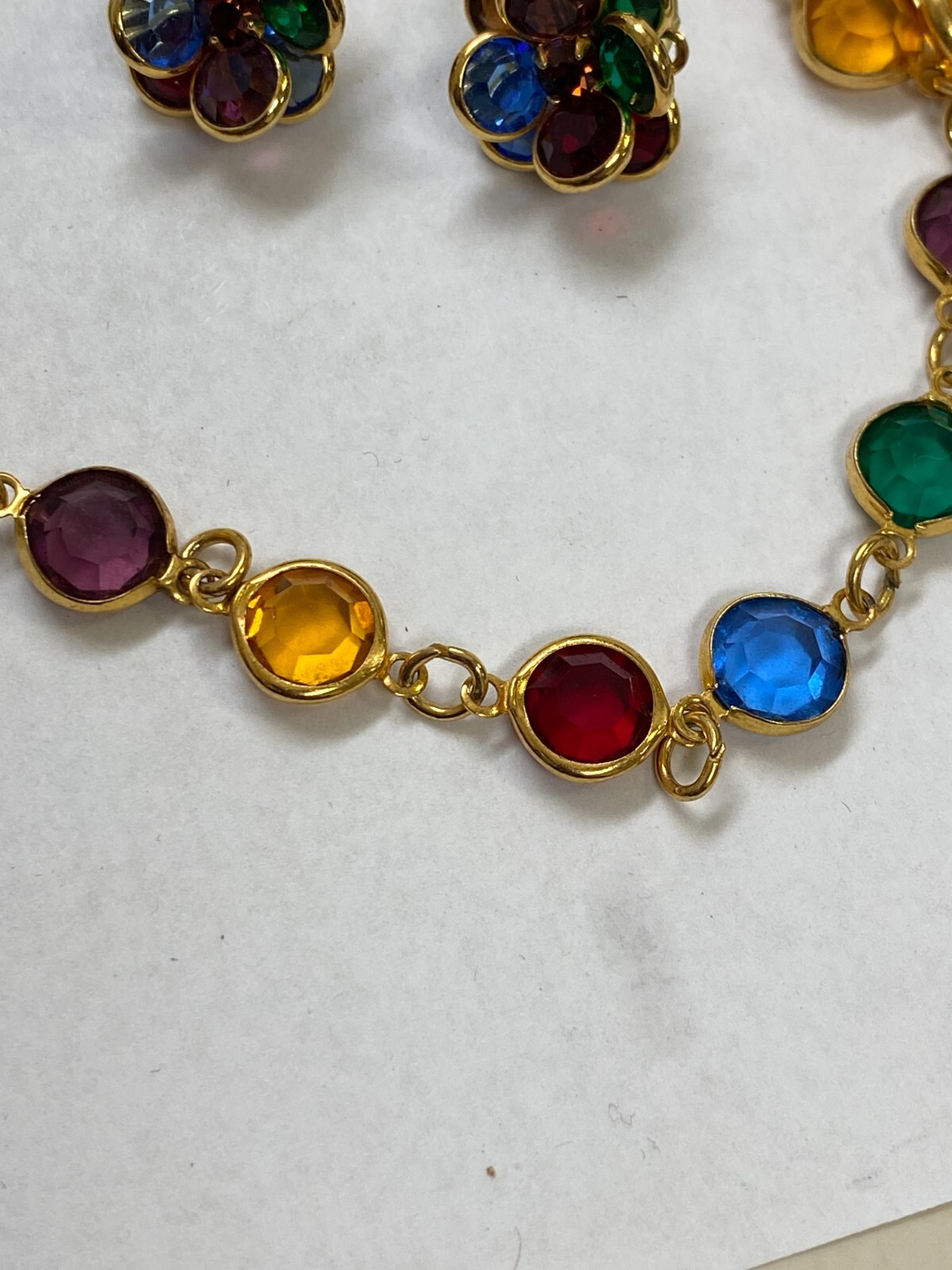 Austrian Crystal USA Vintage Necklace/Earrings Multicolor Open Bezel Gold Color