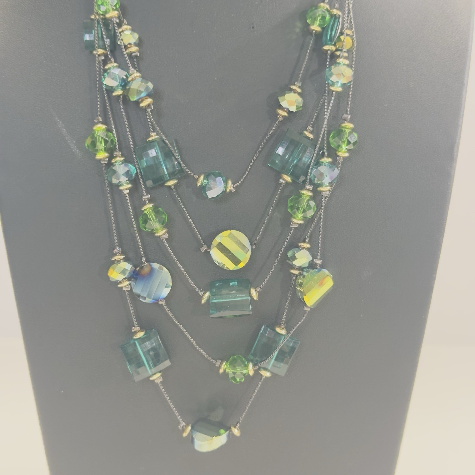 5 Strand Necklace Green Acrylic Glass Beads Black Wire Like Chain 11″ Faceted