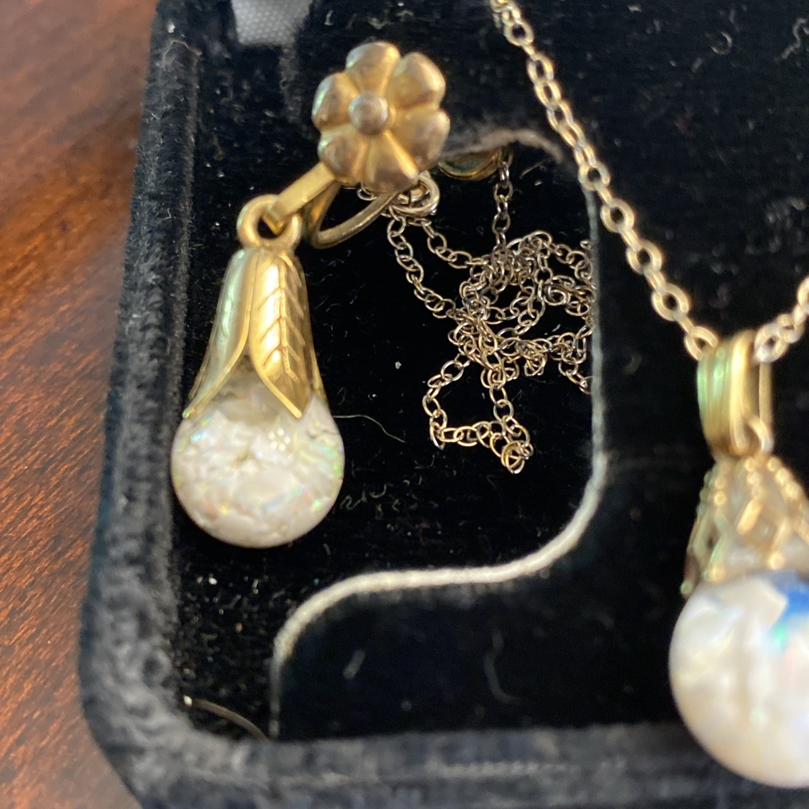 Vintage Floating Opal Earrings Screw Back Pendant Set Gold Filled Floral Drops