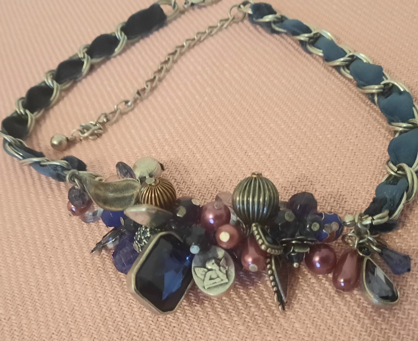 BLUE AND PURPLE RIBBON CHAIN CLUSTER CHARM NECKLACE*HEART*ANGEL*LOCKET*BEADS