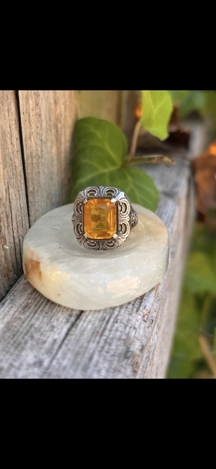 Citrine Checkerboard Sterling Silver Ring Antique Vintage Size 4.25 Nice !!!