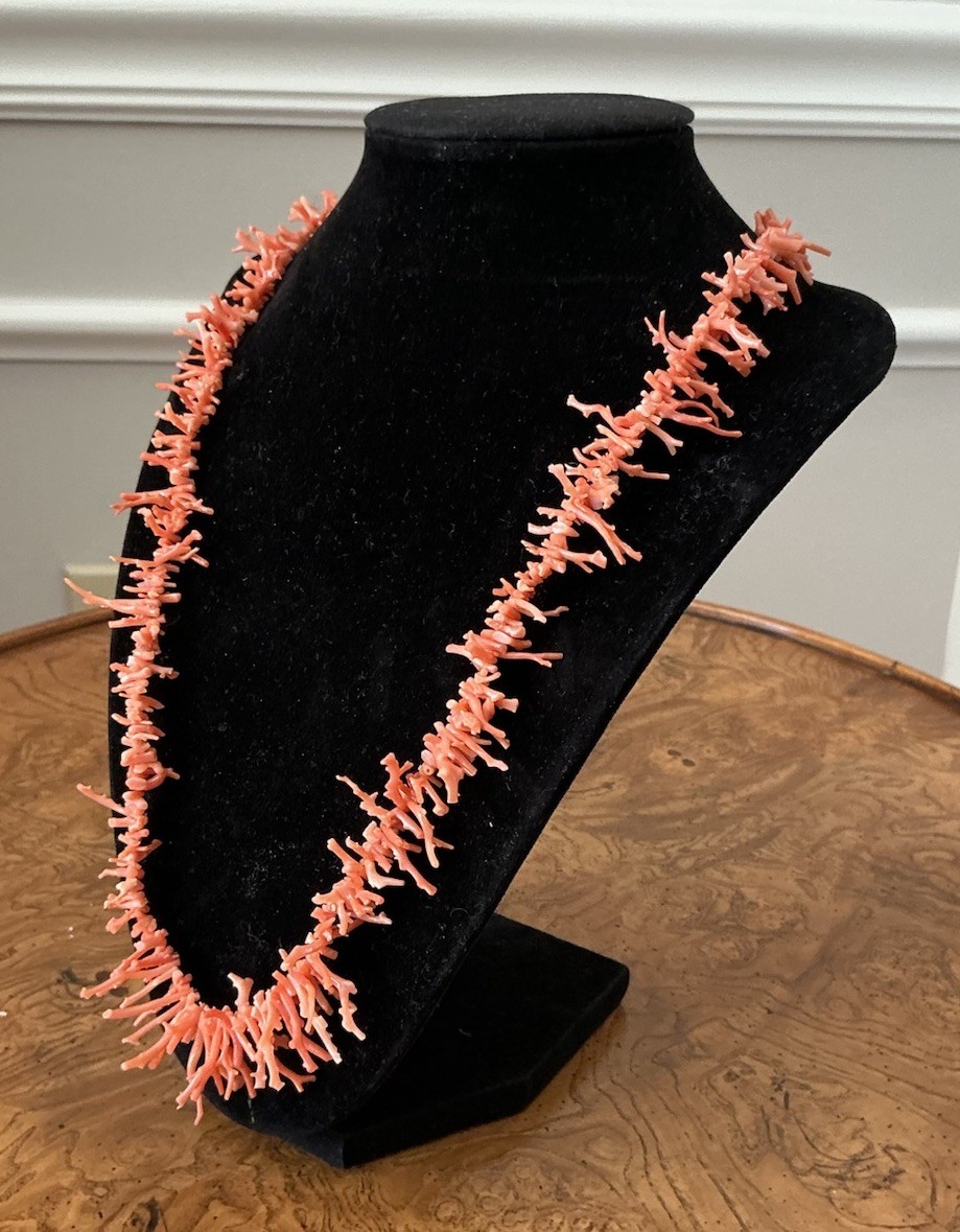 Vintage Undyed Salmon Pink Fine Branch Coral Necklace Fish Hook Clasp 24” Long