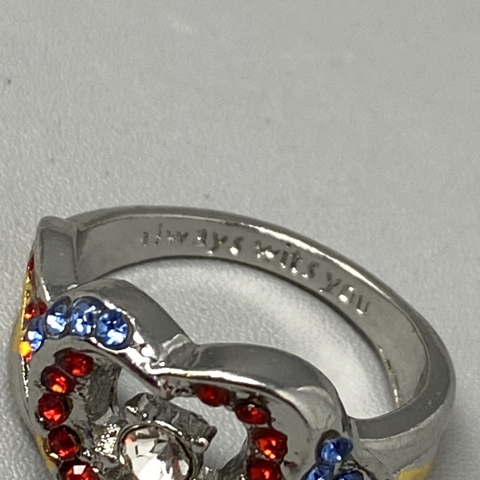 Heart Cocktail Ring Red White Blue Crystals Silver Tone Always With You Engraved