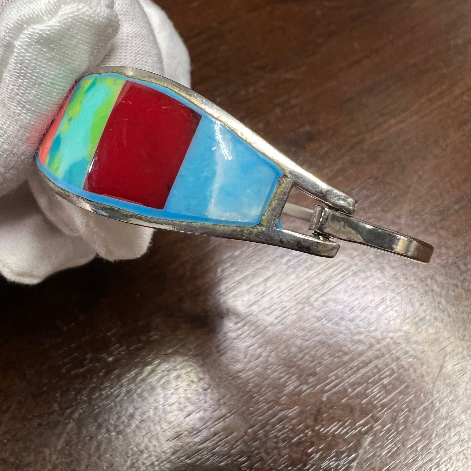 Vintage Alpaca Mexico Bangle Bracelet Multi Color Enamel Silver Tone 7.2 in