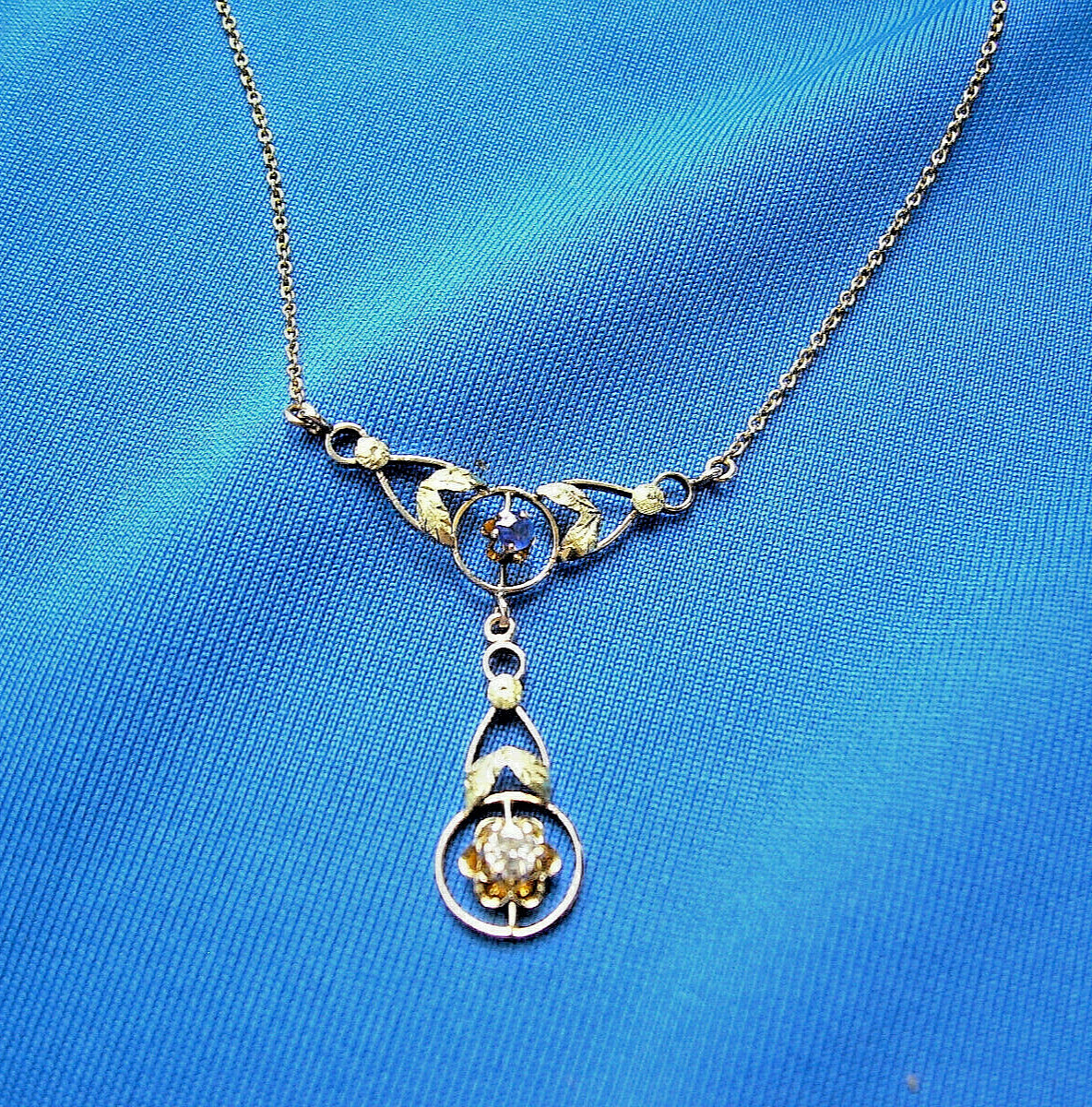 Original EARTH MINED DIAMOND SAPPHIRE Deco Pendant 14K GOLD Antique Necklaces